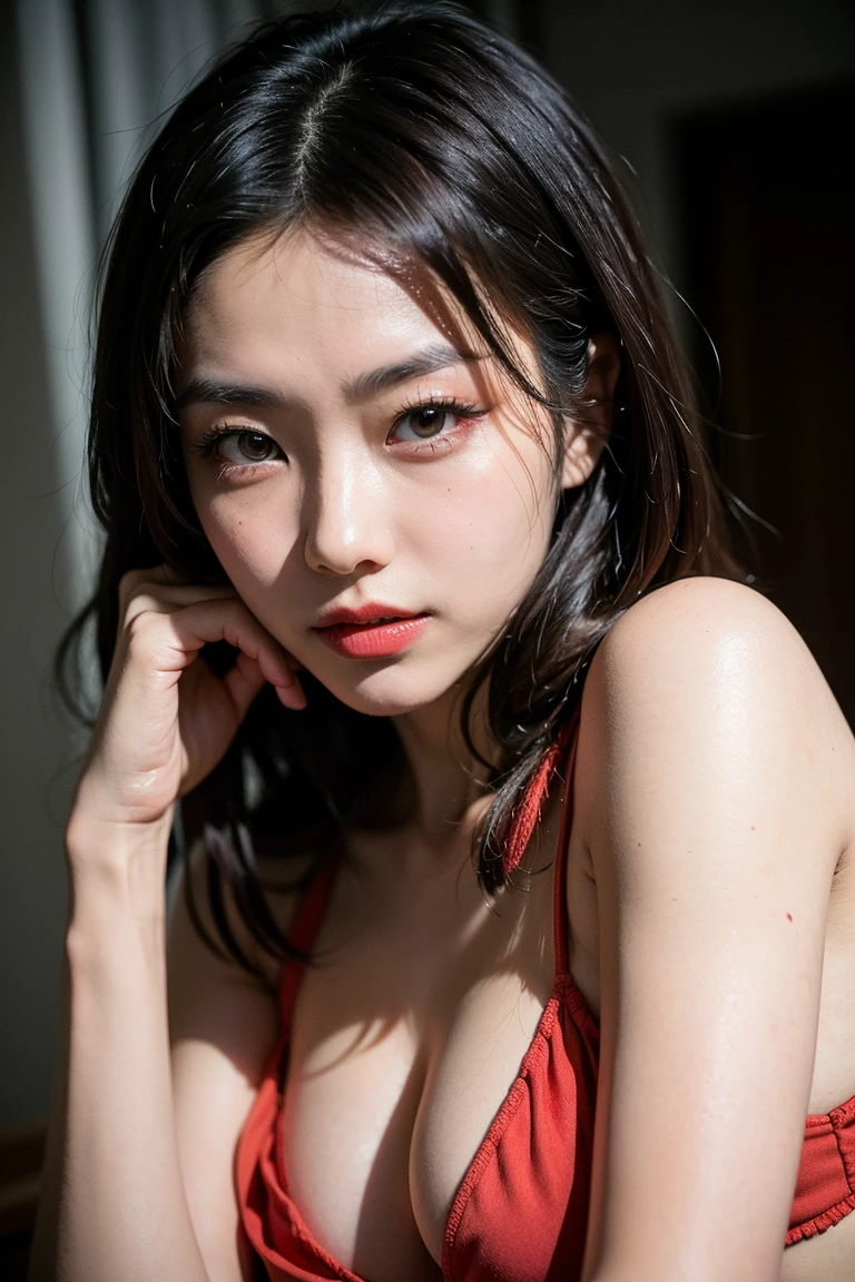 1girl, black hair, seductive face, wearing ???? pyjama red satin (isolated on dark-grey background:1.2), dynamic pose, (soft lighting:1.2), shot on Canon EOS 5D, best quality, ultra high res, (photorealistic:1.4), masterpiece, real life skin, hyper real, perspective, detailed beautiful eyes and detailed face,