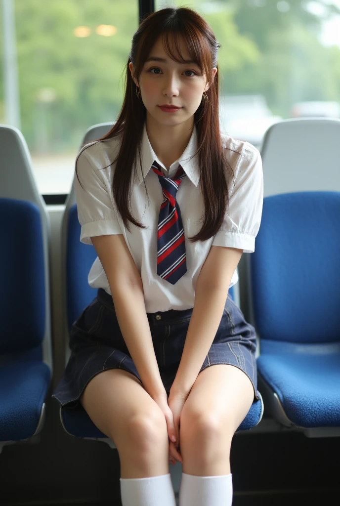 high resolution、8K、Japanese 1 female,Cosplay Japanese Schoolgirl Uniform,sitting in a train seat,(Focus on her crotch:1.1),Between her clothes,Under her skirt,Ultra low angle,Knees together,She is looking down,She doesn't notice me,((Show me your pants here)),((Panty shot))