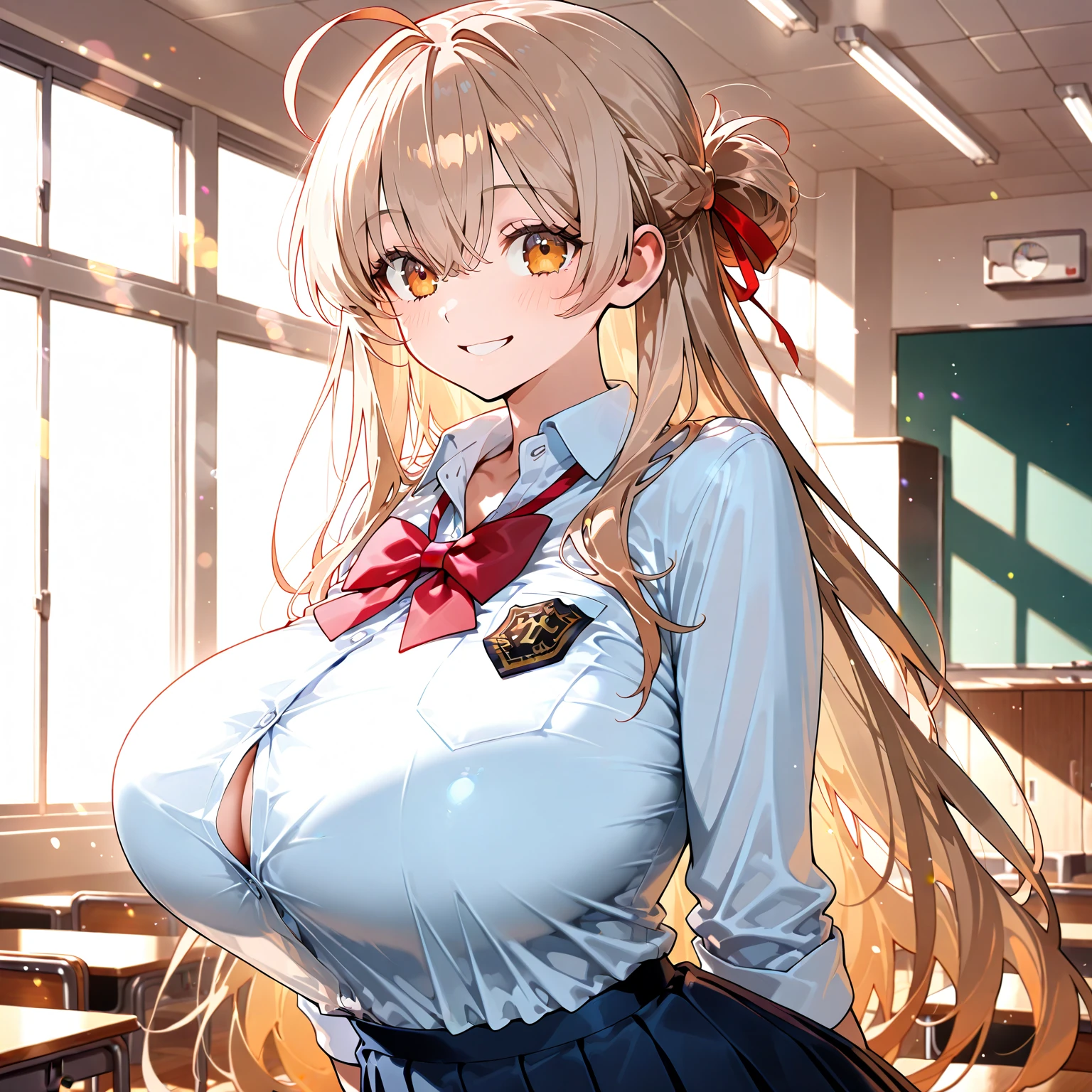 loose school uniform is sheer, button gap,(covered ???????:0.95),???????,red white gold uniform,(side-tie peek:1.5),(button gap:1.5), white skirt, white top, red ribbon, golden buttons, golden shoulder pats, young adult, 19 years, embarrassed,blush,blonde hair,half updo hair, open mouth,brown eyes, beautiful brown eyes, big ??????, striking body curves, ????? smile, pink lips, tiny girl, cute pose, masterpiece, classroom background, school