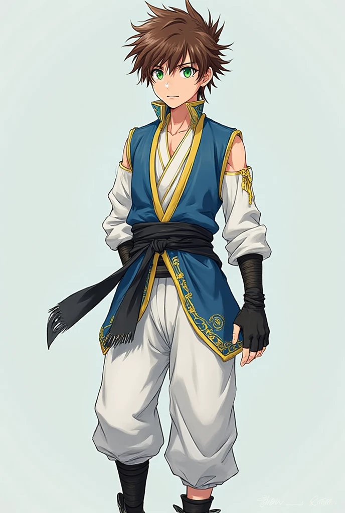 solo, looking at viewer, smile, simple background, black hair, 1boy, white background, standing, full body, ahoge, male focus, boots, pants, black footwear, black eyes, thick eyebrows, hands on hips, bandana