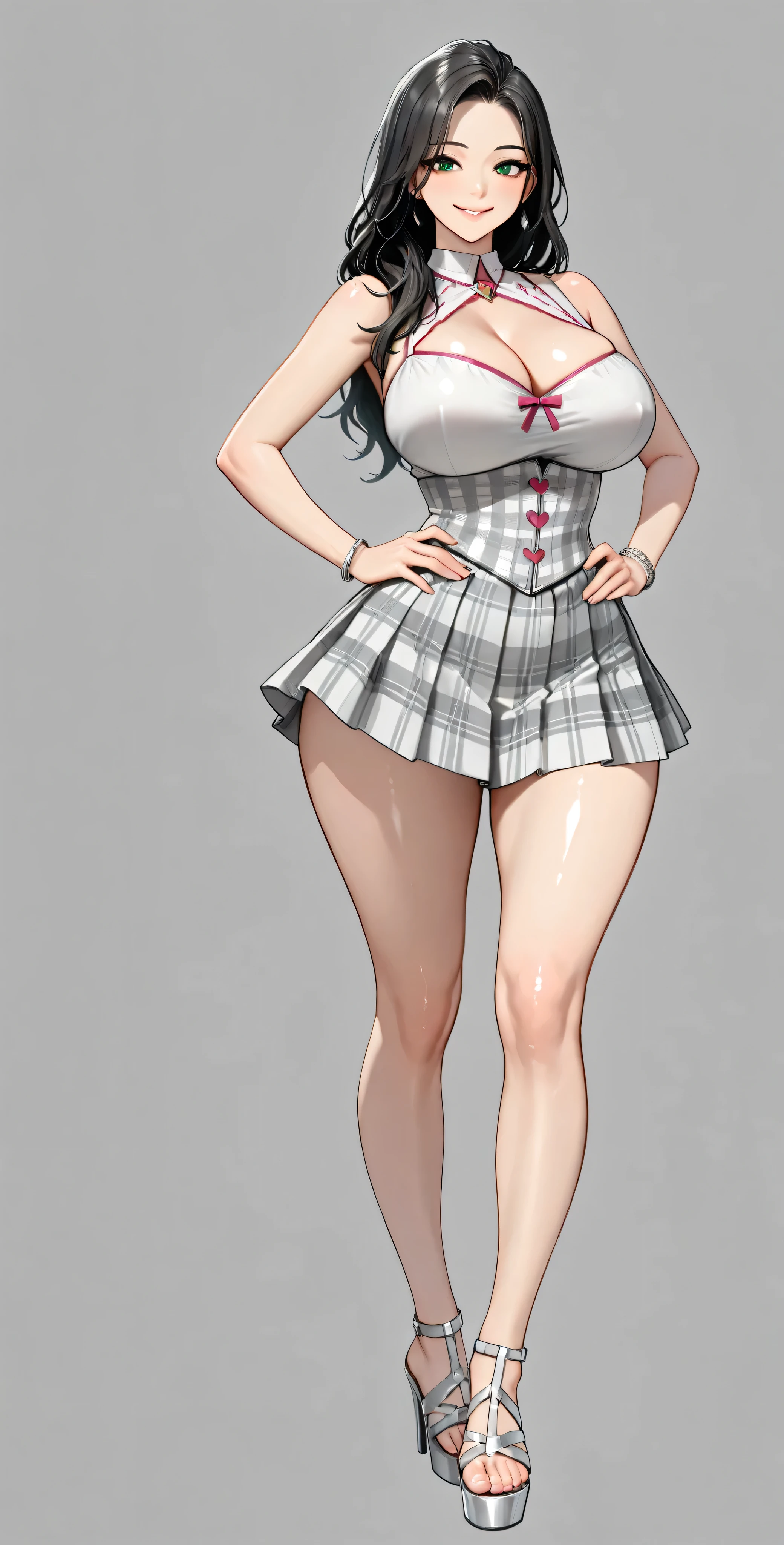 High Definition, 4k, Of course. a very nymphomaniac milf babe, cha Hye Yeon. smile. (((Alone.))) (gray background). shiny white metallic corset, sleeveless, sweetheart neckline, shoulders uncovered, clavicles. plaid red miniskirt, pleated, very tight. very large and round , wide , beautiful big round , silver bracelets , high heel black platform sandals, FULL BODY, smile (hyperdetailed face), black-haired, long and wavy, very well detailed green eyes. Sensual pose with hands on , probocative look. Photo RAW. 16K. masterpiece. Higher quality. anatomía perfecta. manos perfectas.