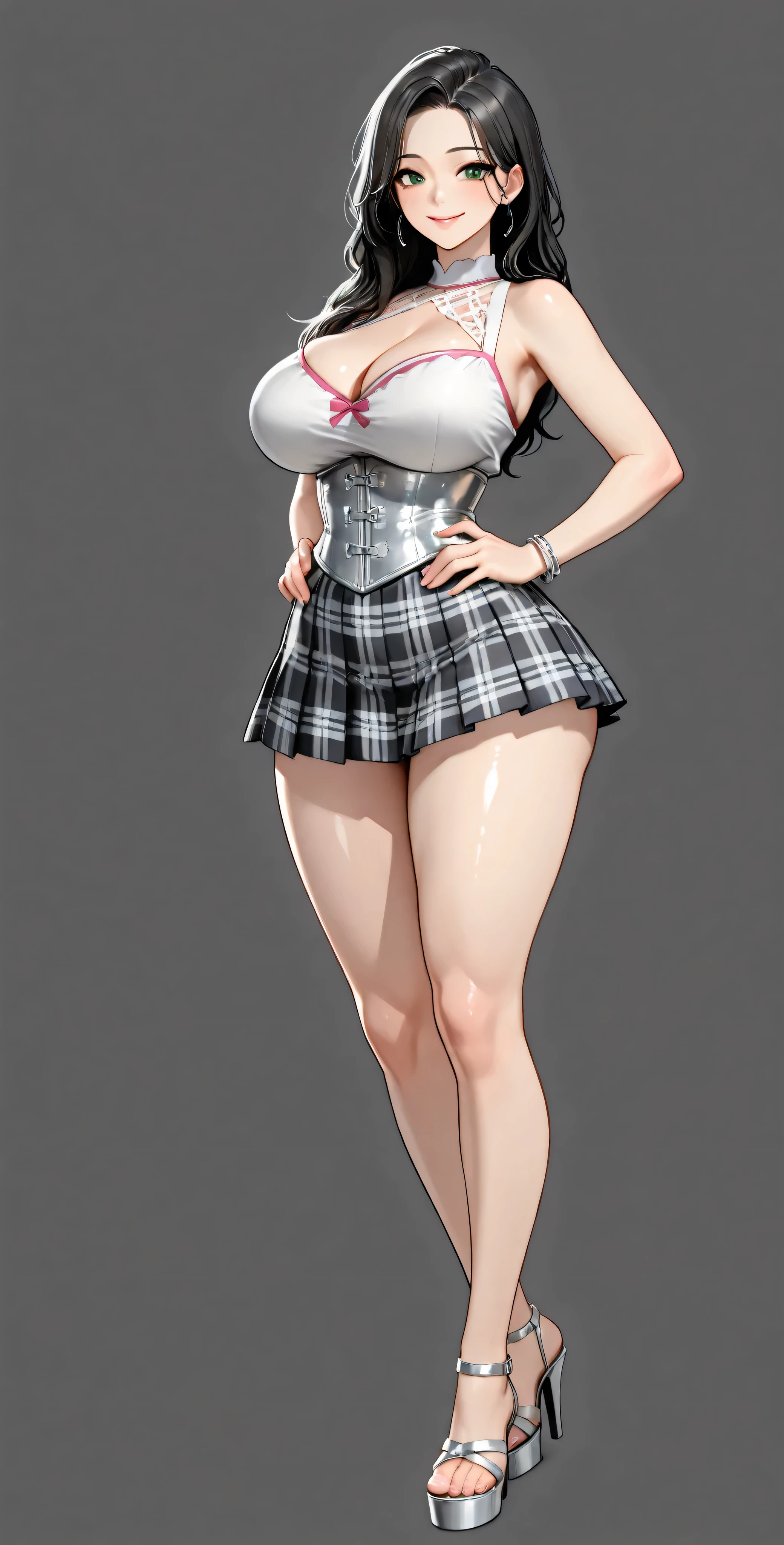 High Definition, 4k, Of course. a very  nymphomaniac milf babe, cha Hye Yeon.   smile. (((Alone.))) (gray background). shiny white metallic corset, sleeveless, sweetheart neckline, shoulders uncovered, clavicles. plaid red miniskirt, pleated, very tight. very large and round , wide , beautiful big round ,  silver bracelets , high heel black platform sandals, FULL BODY,  smile (hyperdetailed face), black-haired, long and wavy, very well detailed green eyes. Sensual pose with hands on ,  probocative look. Photo RAW. 16K. masterpiece. Higher quality. anatomía perfecta. manos perfectas. 