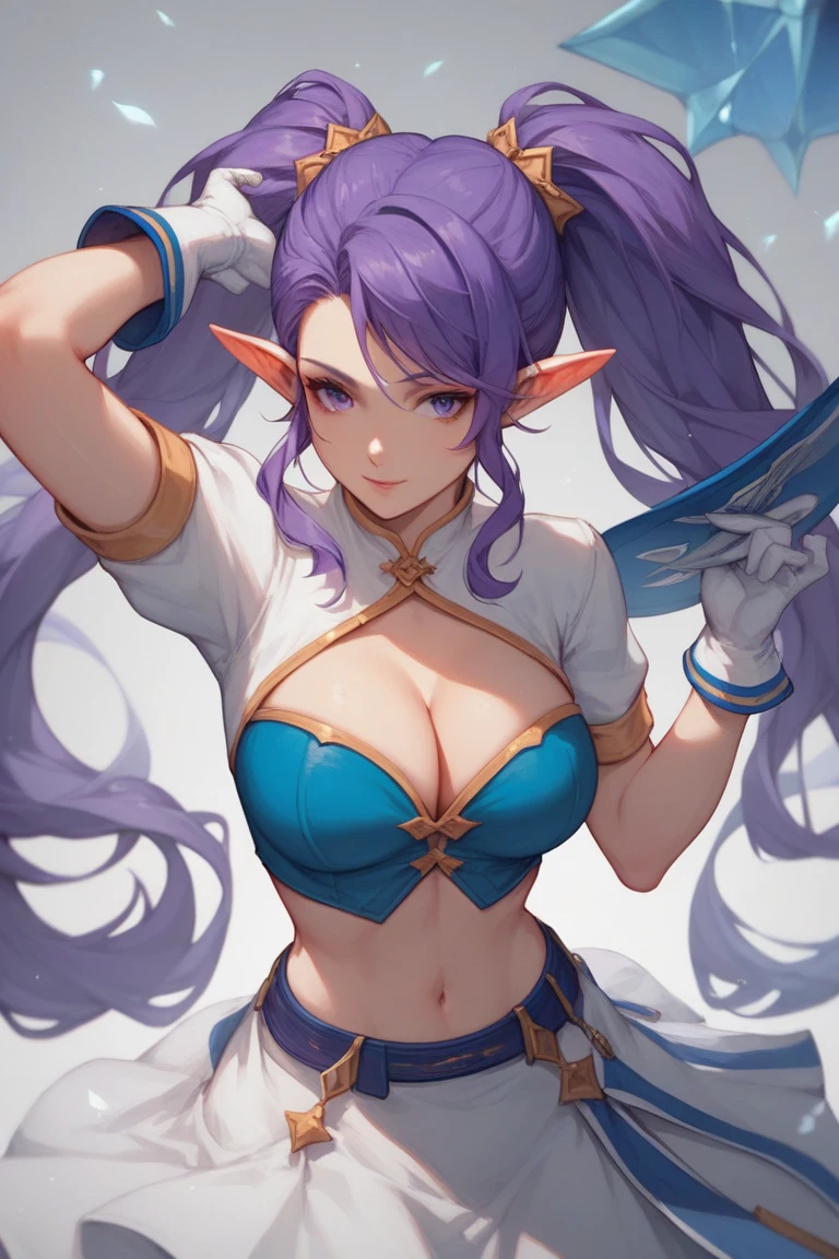 masterpiece, best quality, amazing quality, girl, dynamic pose, relaxing, <lora:Judith - Illu:1>, purple hair, long twintails, blue twintails, purple eyes, pointy ears, elf ears, white top, short sleeves, cleavage, , blue crop top, midriff, white gloves, blue cufflinks, blue and white skirt, multicolored skirt, straps, night time, darkness, moonlight, night sky,