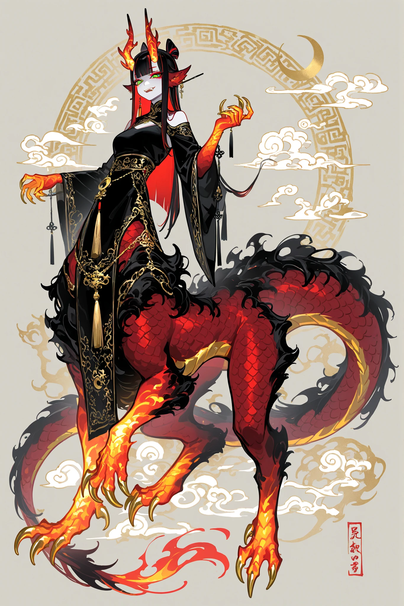 (xxx667_illu,dragon taur, centauroid, monster girl,) Girl is golden-red dragon Lúng ,she is hybrid of Eastern dragon. She has a sporty feminine bodybuilding. Her face has asian features. She has green jade narrow eyes. She has a pale skin covered with golden-red scales. Her scaly dragon paws has long golden crescent-shaped claws. She has gold fire tattoos on her face. Her lips red, she has a gold sharp fangs. She has eyebrows with long tassels. She has jet-black straight hair with red highlights, high traditional Chinese hairstyle. She has four golden branched dragon horns. She has long pointy red fluffy dragon ears. She has a immensely long mighty scaly red dragon tail with black mane along the spine and black fluffy tassel on tip of her tail. She's wearing a black Chinese traditional robe-dress. She she's barefoot. (On the background: Chinese temple.)