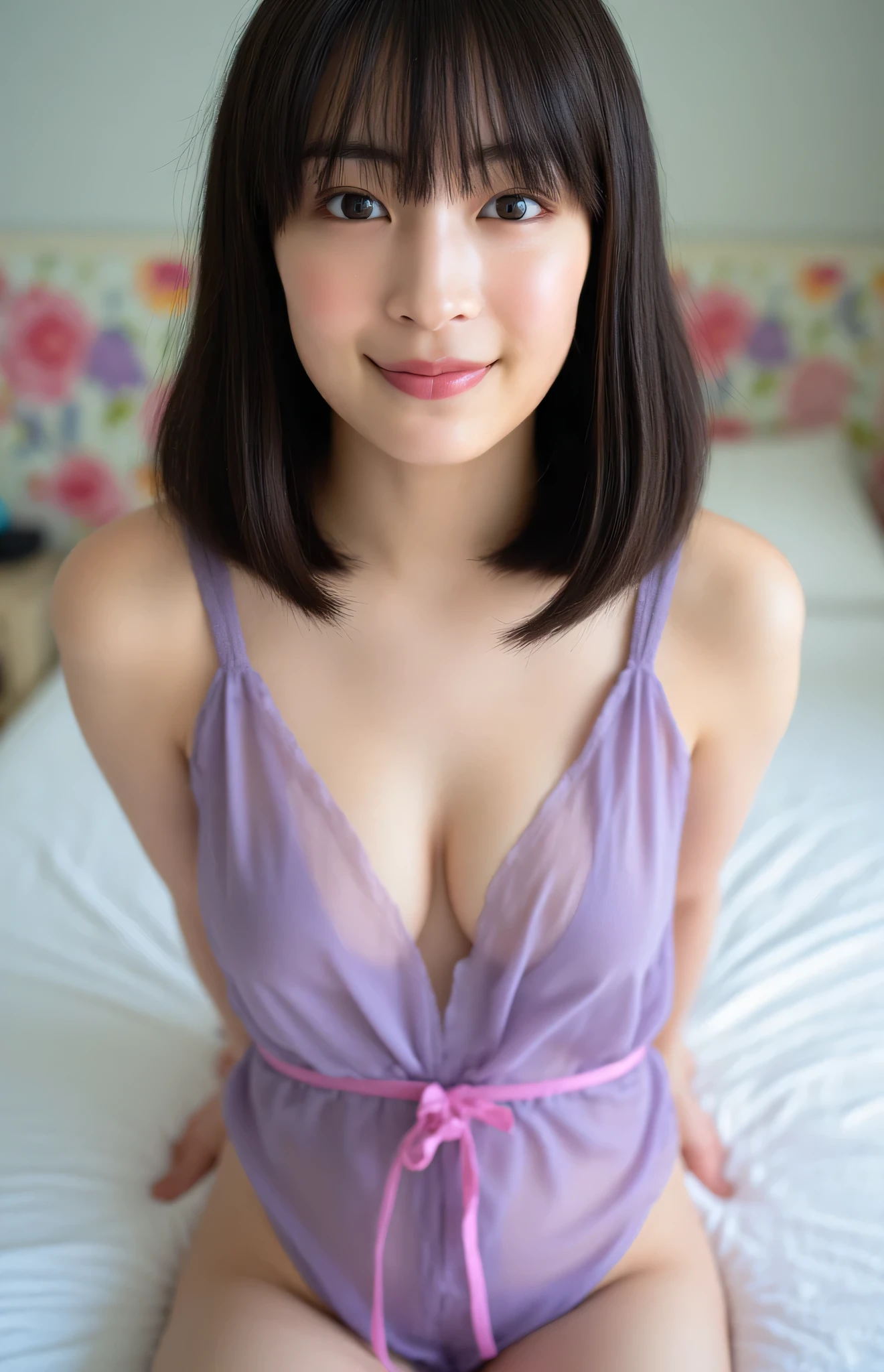 Facial close-up, Photos taken from bottom to top, Low-angle, a portrait of a young Asian woman named Suzu sitting on a bed. She has shoulder-length hair with bangs and is wearing a sheer, silk V-neck, purple tank top with a pink ribbon tied around the neck. snow-white body, cleavage. Her immature body looks very delicate. Her arms spread out to both sides, as if preparing for a hug. The woman is looking directly at the camera with a slight smile on her face. The background is blurred, but it appears to be a bedroom with a white bedspread and a colorful wallpaper. The overall mood of the image is peaceful and serene.