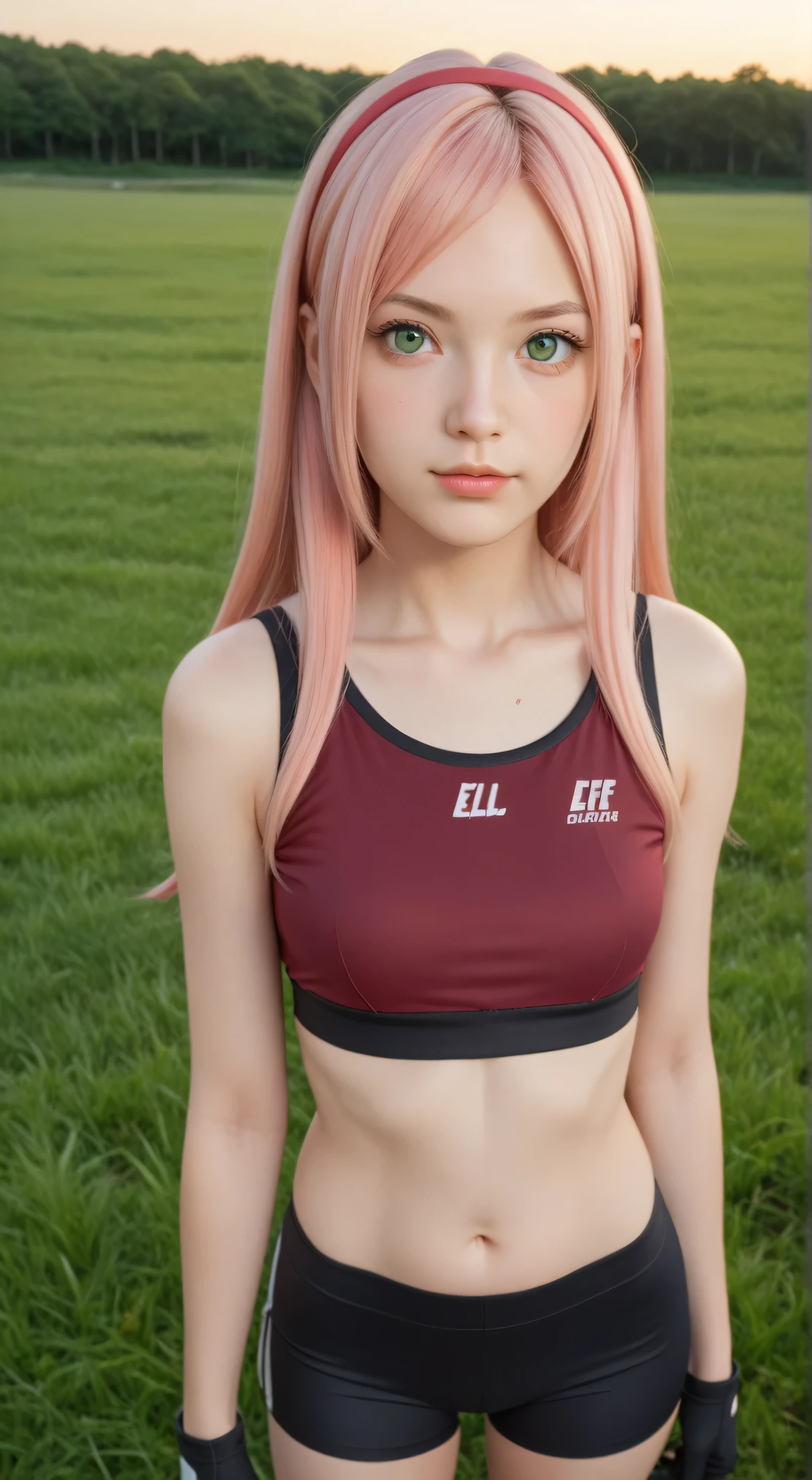1girl, solo,haruno sakura,emerald eyes,pink hair,(long hair:1.5),outdoors,potrait,small breast,nature, standing on grass field,sidelocks,red sunset,looking at viewer, front view,close up,black glove,(eilf grass background:1.5),(wear sports bra:1.5),bike shorts,navel