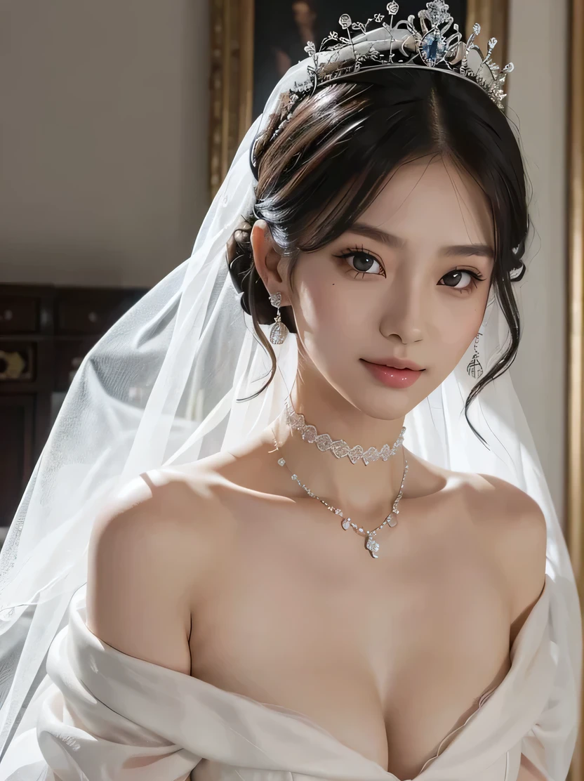 ((masterpiece、Highest Quality、very detailed、high resolution、photo realistic、 Clear Focus))、Original photo、Cinematic Lighting、natural texture、Rich color 、Portrait of a stunningly beautiful woman、cowboy shot from above、Focus from chest up 、brown eyes、Smile、viewers who focus on the vagina、 CHINYON HAIRSTYLE 、short black hair with waist、clean skin、 burst chest、off-shoulder white wedding dress、silk veil、silver tiara、necklaces、earrings、in a luxurious palace room、detailed facial descriptions、detailed drawing of hands、wedding dress