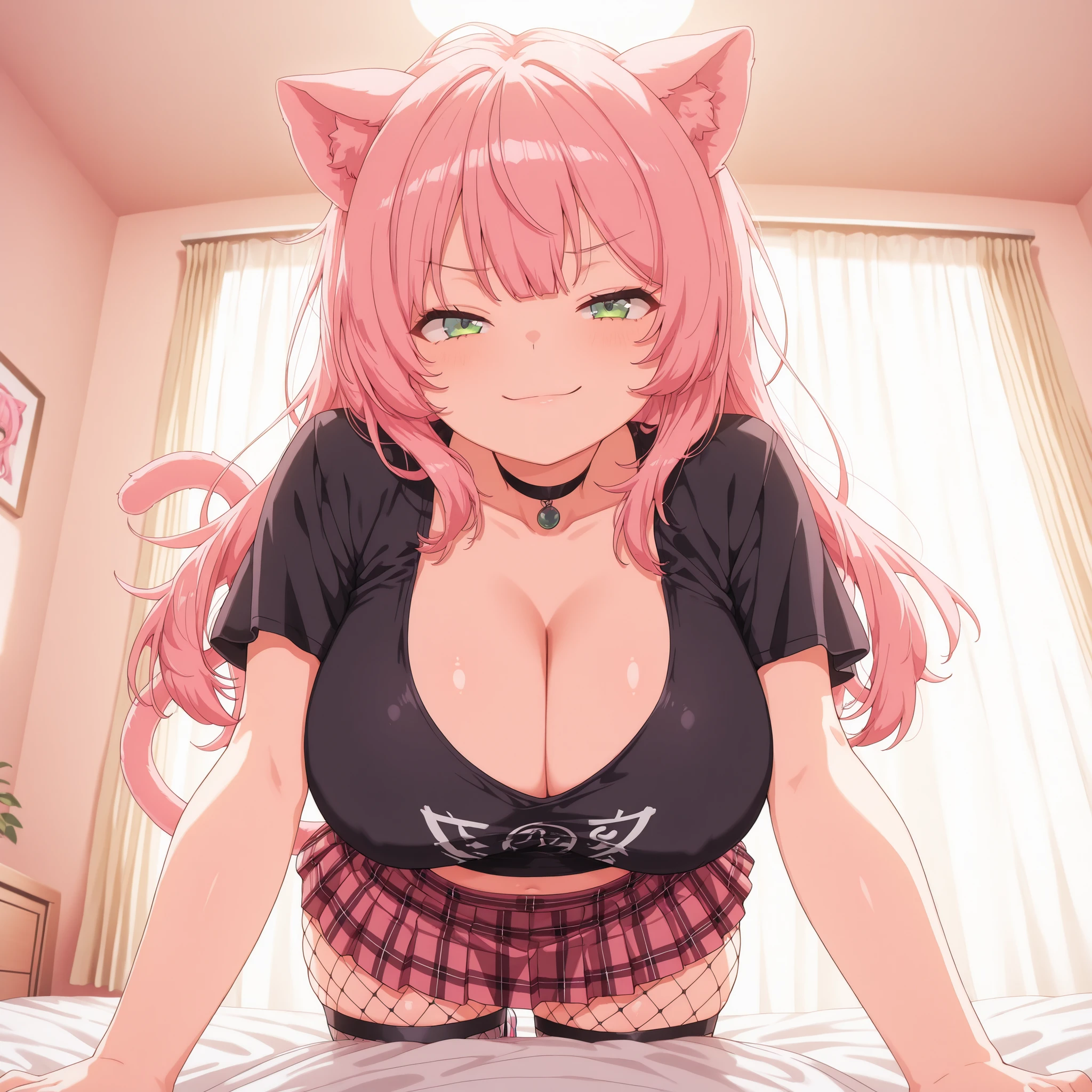 score_9, score_8_up, score_7_up, cowboy_shot, volumetric_lighting, masterpiece, portrait, high_detail, FRONT_FOCUS), BREAK (1girl, solo, solo_focus, short_height, short_character, facing_viewer, towards_viewer, view_from_bed, smug_smile, teasing_expression, green_eyes, (long_pink_hair: 1.2), long_hair, cat_ears, cat_tail, light_skin, petite_figure, large_breasts, thick_thighs, hands_on_bed, pink_and_black_plaid_skirt, black_croptop, fishnet_pantyhose, sneakers, choker, tight_clothes, bending_over, bending_towards_bed, cleavage_visible, shirt_opening, BREAK Location: (simple_bedroom:1.1), soft_warm_lighting, beige_walls