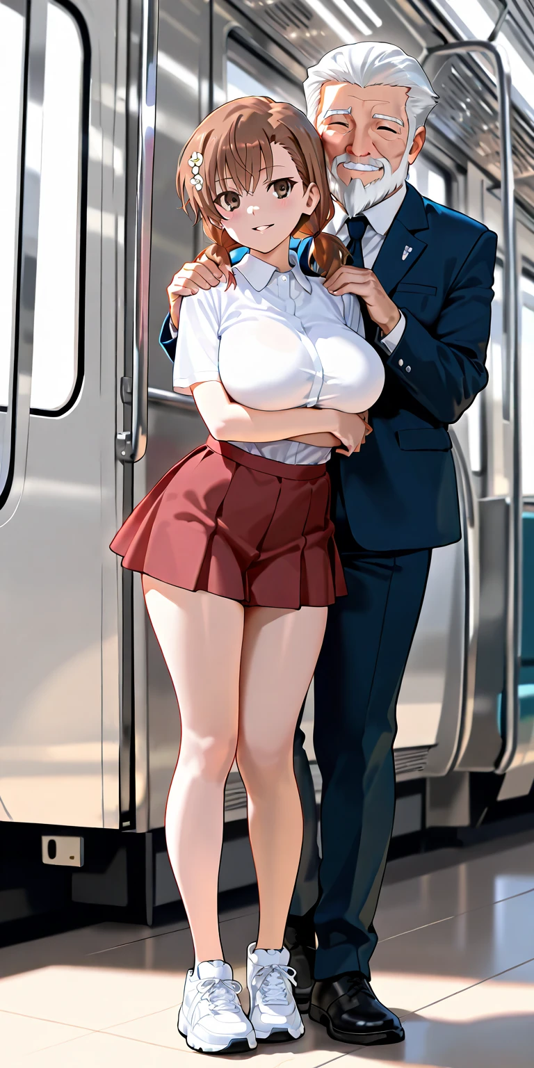nsfw,hyperrealistic anime,1man,1woman,adult curvy female,at train,dark brown hair,earring,plain blouse,patterned skirt,upskirt,blushed,from behind and side,other's hand on woman's buttocks,naughty lingerie,molested,groped