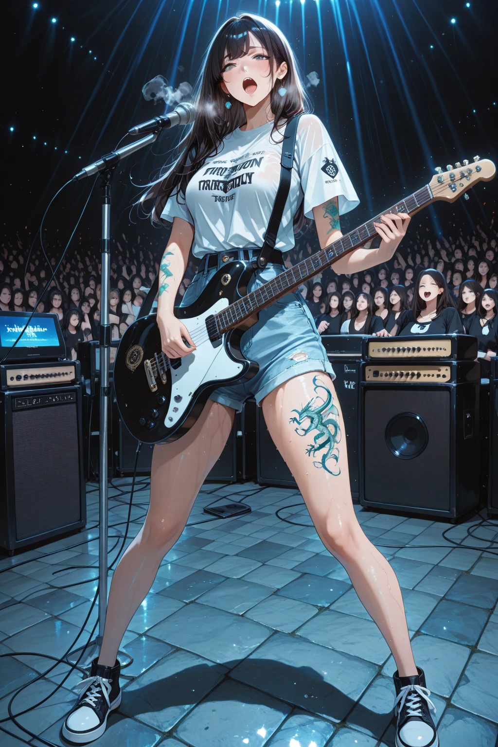 masterpiece, best quality, 8k, 1girl, solo, anime style, singer, highly detailed, standing on the street, singing, dark hair, long hairstyle, looking at viewer, slender body, medium breasts, silly expression, torogao, (full body tattoos:1.3), casual outfit, wearing a T-shirt, shorts, hard breathing, sweaty, dragon tattoo on thigh, goofy style, passionate pose, ethereal atmosphere, cowboy shot, playing the guitar, upper body, (audience), 