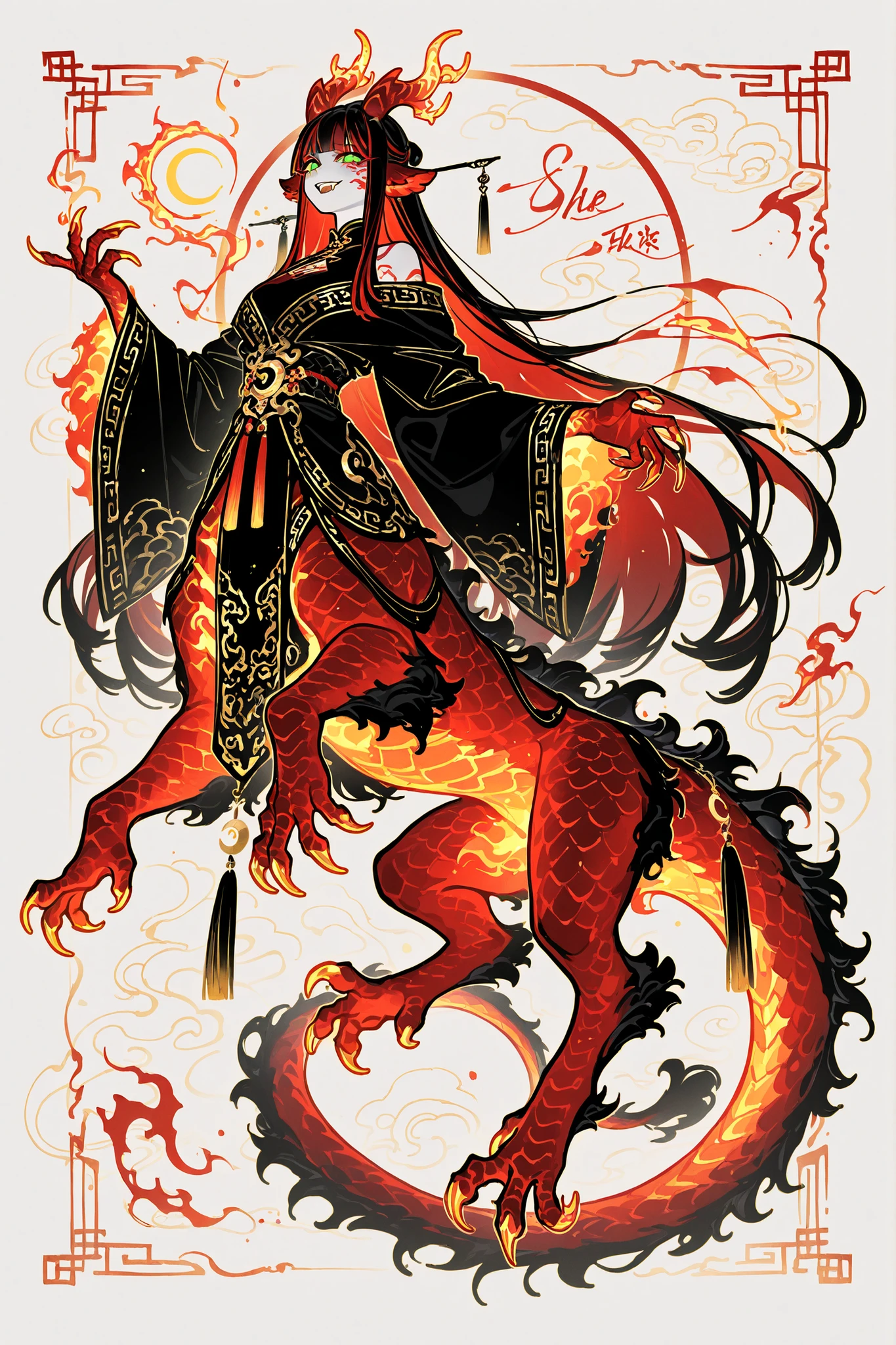 (dragon taur, centauroid, monster girl,) Girl is golden-red dragon Lúng ,she is hybrid of Eastern dragon. She has a sporty feminine bodybuilding. Her face has asian features. She has green jade narrow eyes. She has a pale skin covered with golden-red scales. Her scaly dragon paws has long golden crescent-shaped claws. She has gold fire tattoos on her face.  Her lips red, she has a gold sharp fangs. She has eyebrows with long tassels. She has jet-black straight hair with red highlights, high traditional Chinese hairstyle.  She has four golden branched dragon horns. She has long pointy red fluffy dragon ears. She has a  immensely long mighty scaly  red dragon tail with black mane along the spine and black fluffy tassel on tip of her tail.  She's wearing a black Chinese traditional robe-dress. She she's barefoot. (On the background: Chinese temple.)
