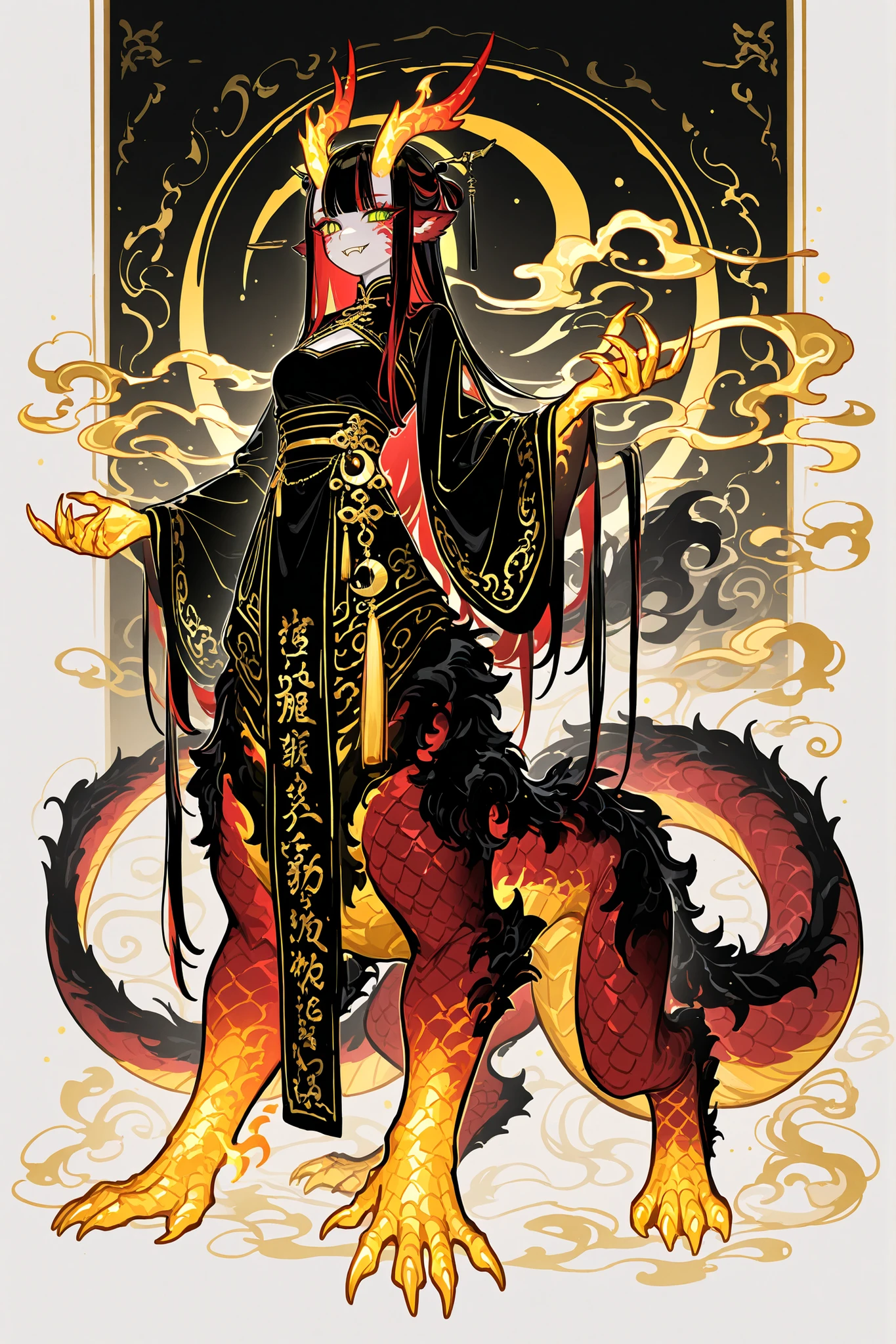 (dragon taur, centauroid, monster girl,) Girl is golden-red dragon Lúng ,she is hybrid of Eastern dragon. She has a sporty feminine bodybuilding. Her face has asian features. She has green jade narrow eyes. She has a pale skin covered with golden-red scales. Her scaly dragon paws has long golden crescent-shaped claws. She has gold fire tattoos on her face.  Her lips red, she has a gold sharp fangs. She has eyebrows with long tassels. She has jet-black straight hair with red highlights, high traditional Chinese hairstyle.  She has four golden branched dragon horns. She has long pointy red fluffy dragon ears. She has a  immensely long mighty scaly  red dragon tail with black mane along the spine and black fluffy tassel on tip of her tail.  She's wearing a black Chinese traditional robe-dress. She she's barefoot. (On the background: Chinese temple.)