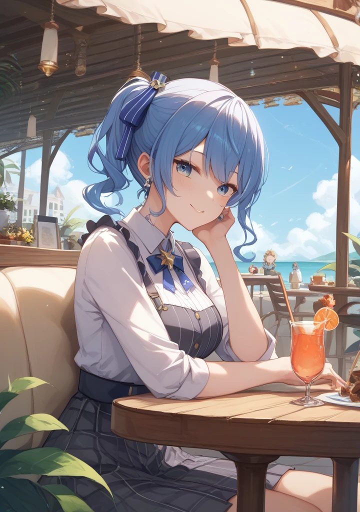 Bar in the sky, 1girl, solo, alone, ,flat chest,blue hair,short twintails,middle hair,sky blue eyes,sitting at bar counter, from side, drinking, (ocean:1.3), candles, starry sky, shooting stars, masterpiece, best quality, ultra detailed,bar