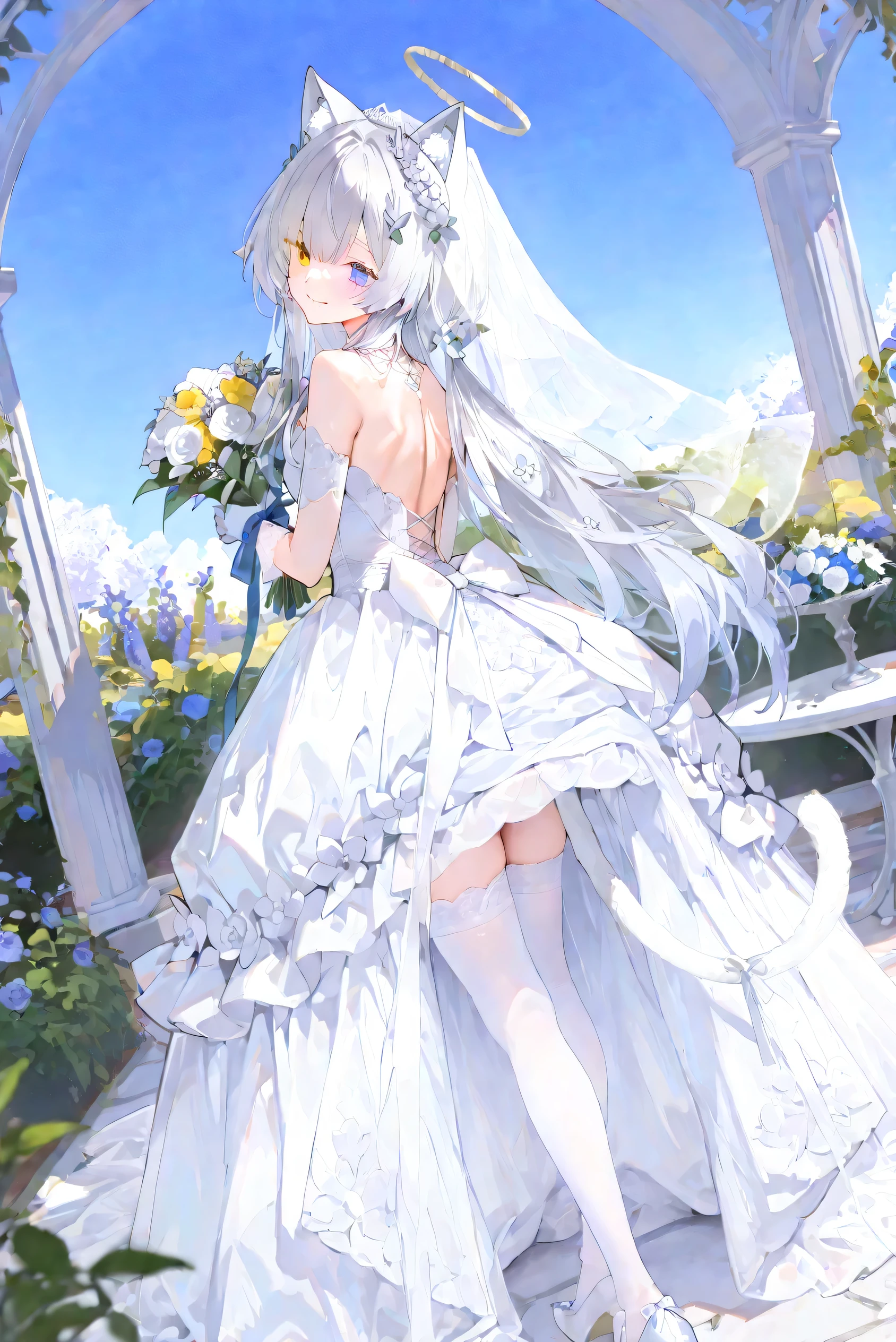 style_name,long hair,Silver Hair,girl,white animal ear ,alone,heterochromia(Left blue right yellow),Blue sky,White cat Tail(White),Luminous pupil,garden,white wedding dress,long white dress,white stockings,Back,Drop Shoulder,Smile,standing,white shoes,white gloves, up close,standing,Halo, up close观察, up close,white table, flower hair accessories,Veil,Holding a bouquet of flowers