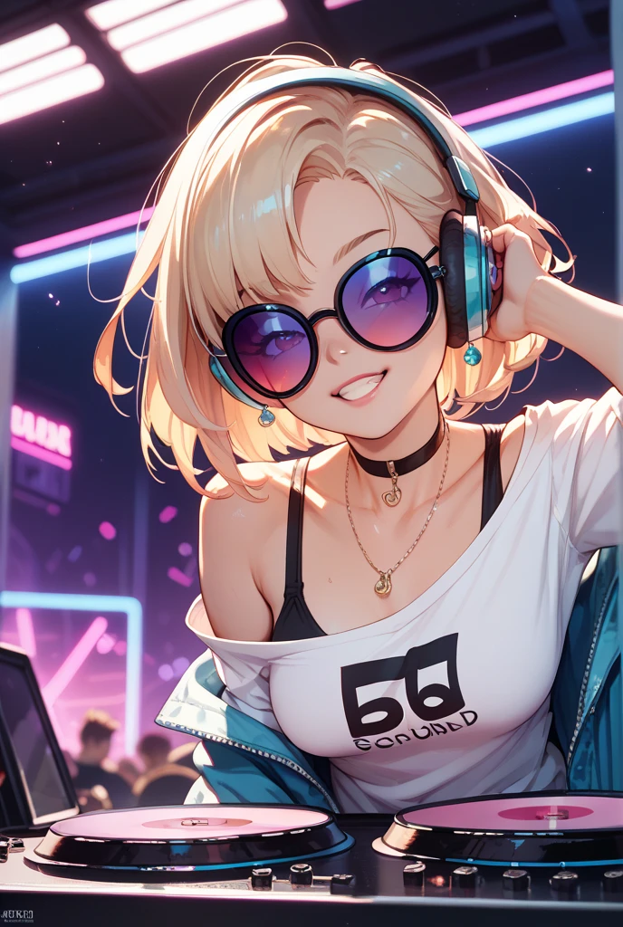 (ultra - detailed, 16K resolution, Cinema lenses, rendering by octane), (high resolution:1.18), intricate detail, (masterpiece:1.1), (highest quality:1.1), (1girl, portrait, white hair, blue eyes, short hair, detailed eyes),Wearing silver DJ headphones, Shiny silver sequined T-shirt, (Iconic hip-hop pop costumes:1.3), Smile while DJing on stage, full body shot of, The spotlight shines on the female DJ. Photorealistic photography by Disco Lighting, (cute round face:1.3), perfect fingers, five fingers, beautiful hands, perfect hands. master peace, cute smile.