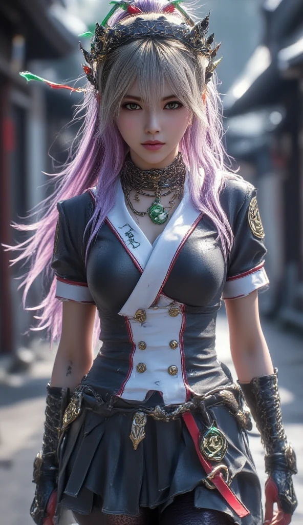 (Full Body View:1.4)、(lotus position:1.1)、(Smiling with teeth showing:1.3),(Shibuya Gal:1.5)、(Gothic Lolita style fashion:1.5)、(Punk RockVisual Kei:1.5)、(Wearing a rhythmic gymnastics  with intricate details:1.4)、(Racing suit and pants with intricate decorations in magenta, denim and wine red:1.5)、(Red, brown and white boots:1.3)、((belt))、(Numerous delicate logo marks all over the costume:1.4)、(collar:1.3)、(Striped :1.5)、20-year-old、、((Highest quality、In 8K、masterpiece:1.3))、Sharp focus:1.2、(Layered Cut、Huge boobs:1.1),Beautiful woman with perfect figure:1.4、(Dancing vigorously:1.3)、Slender Abs:1.2、Highly detailed face and skin texture、Detailed eyes、double eyelid,(Twin tails:1.3)、(Pink and cream hair:1.3)、Gravure idol、(The background is the stage of the fashion show:1.3)、(Slim body:1.3),(Make your legs thinner:1.4),（clavicle:1.1）、(Thin and slim thighs:1.3)