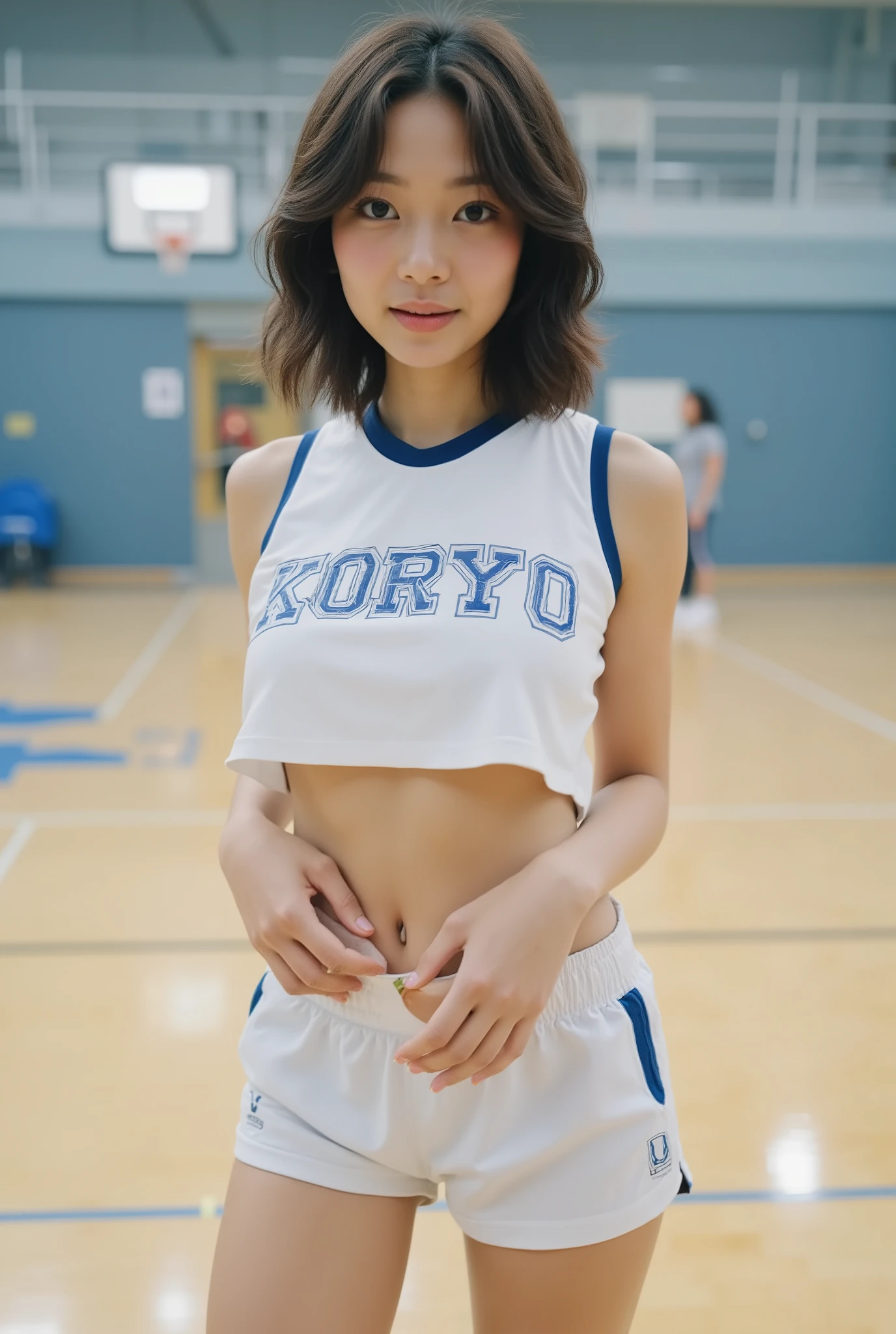 ultra realism, Scrivenism, a movie-like picture of a teen Japanese schoolgirl with a beautiful sexy young scum face, ( Extremely Thin Body :2.4), (Skinny super long legs:1.9), Gap Between Legs, short hair dark hair, Clear bright black eyes, beautiful bottom , , (), (Toned Abs:2.5), ((small breasts)), thighs, (Toned Abs:2.2), ( prominent abs , Ultra flat and thin belly), (),, , (((basketball uniform with light blue lines on white, ((cleavage、pale pink areolas:1.6、underboob:1.6、belly button out、Belly exposed))、"KORYO"With the letter)))), ((white low-rise running shorts:1.6)), ()),, seductive smile, , excited smile, on an indoor basketball court, super real, Ultra Focus , , , full body image, 