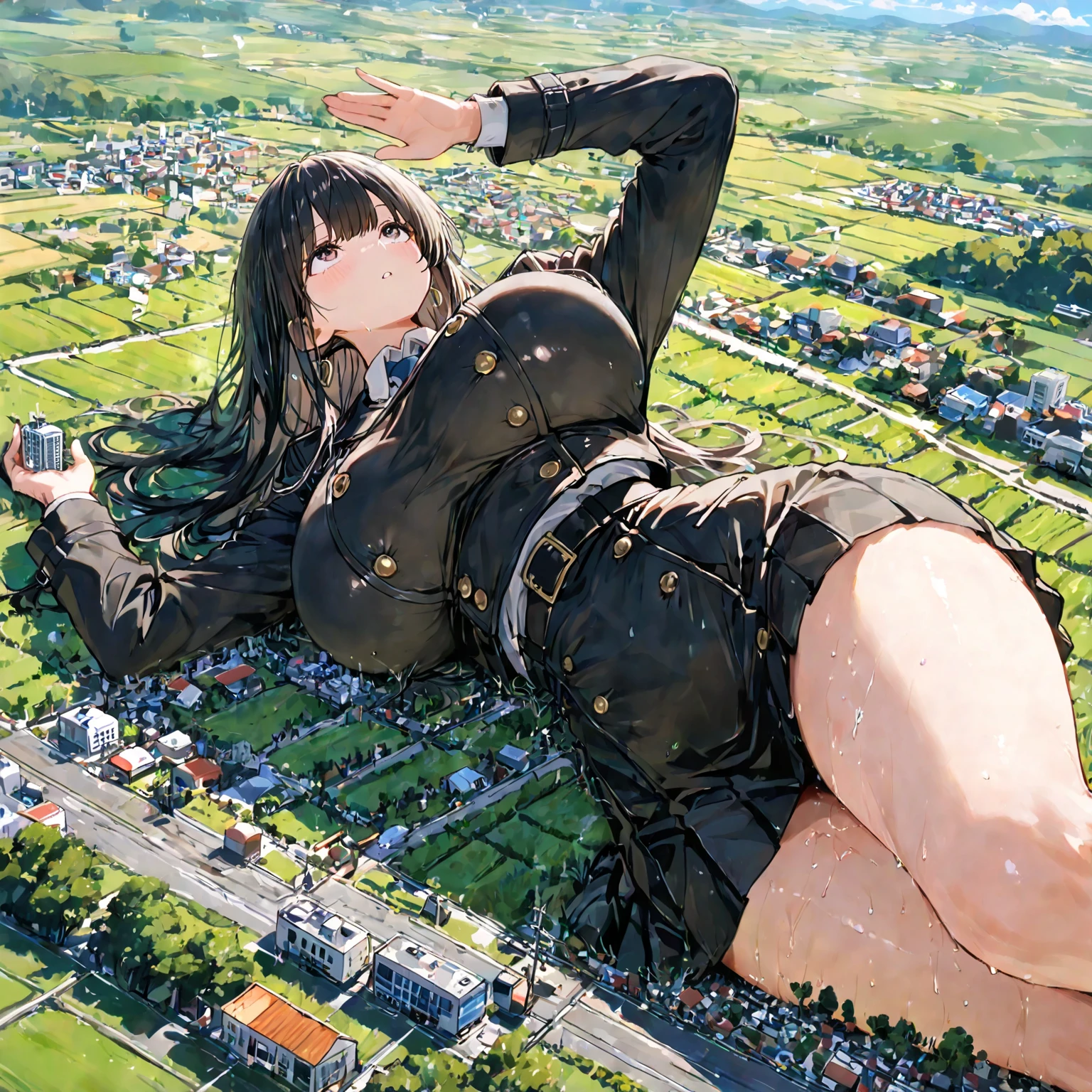 Perfect detail, Special details, highest quality,,expensive, woman,A satisfied smile 、Selfish young lady、round face、View Viewer, Green Hair, Long Hair, , , Side bang, Partially exposed forehead, Dark blue eyes, Mature Body, Perfect body, ?????????????,Big ???.Sweaty body,??????????? overflowing from the ???????,?????,share、body fluid、The building melts、Open your mouth、 blush, Cleavage.Blue lace lingerie,Gold Jewelry,Gold Bracelet,Gold Collar、 Luxurious crown,, necklace, Pursing your lips、 A light smile, Drunk, expensiveディテール, Depth of written boundary, 1080p, 16k, Awards, High resolution, highest quality, masterpiece, 超High resolution, Anatomically correct, Super detailed,,????????????、Realistic、Perfect bodyライン、aerial photograph、aerial photograph、Destroying the city with a smile、 (A giant girl bigger than a skyscraper destroys the city of Shibuya:1.5)、cute、body fluid,The building melts、?????????,share　??????????? overflowing from the ???????　??????????? overflowing from the bra　????????????　Occupy a major city