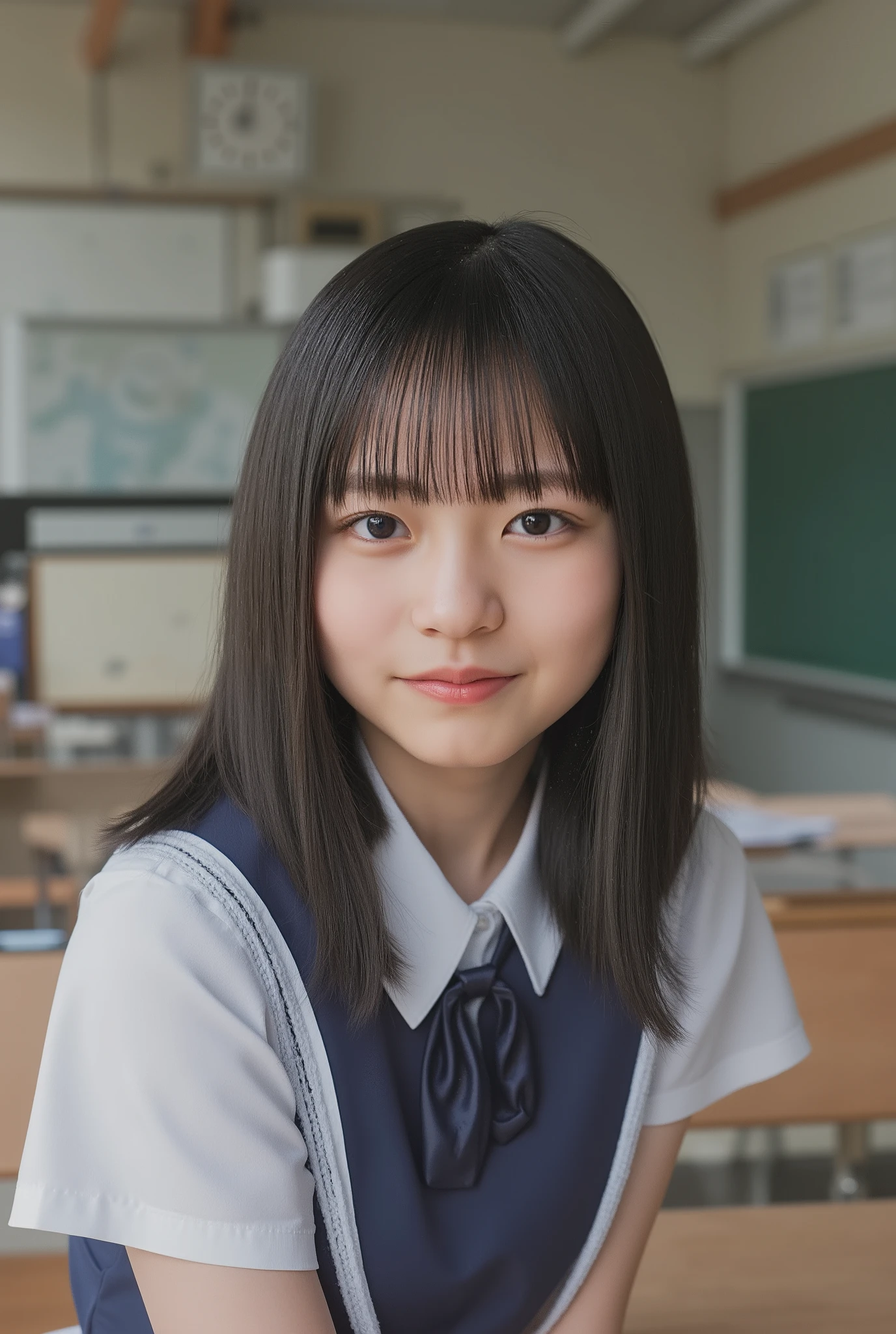 (((生物学的に正確な画像))),
masterpiece, high quality, extremely detailed face, 1 cute girl, cowboy shot, black hair, brown eyes, smile, school uniform, classroom