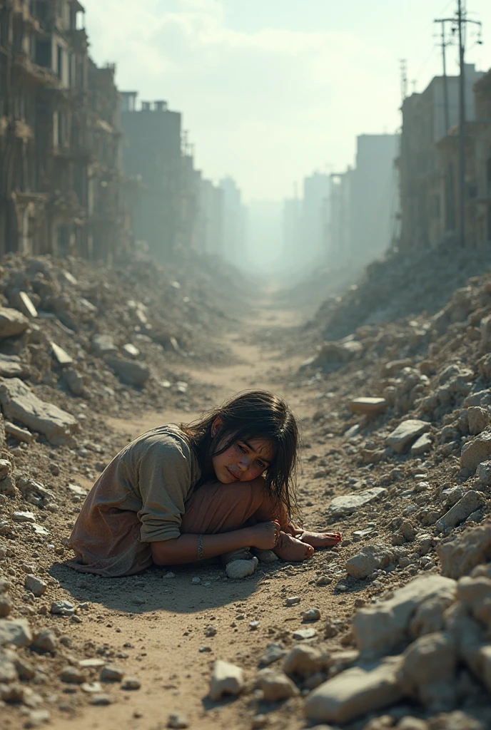 A wounded hides in a room crumbling walls,sadly, in pain, there is steel tank with israel logo, (eyes shedding tears, The face is focused on the camera), (eyes shedding tears, The face is focused on the camera), A sense of disorder, a arab , Curly hair, Dusty face and fabric,  (A city in the background is destroyed by fire, Human body on the ground, Some people are crying, Demolished buildings), Ultra-detailed, looking through a broken window with an expression of surprise and joy at the sight of an imagined thriving city outside. The setting is in Gaza, but the cityscape is visualized by the as beautiful and prosperous, contrasting with the child's current environment. The scene is depicted in a realistic photographic style, capturing the stark contrast between the child's hopeful gaze and the imagined beauty of the city.