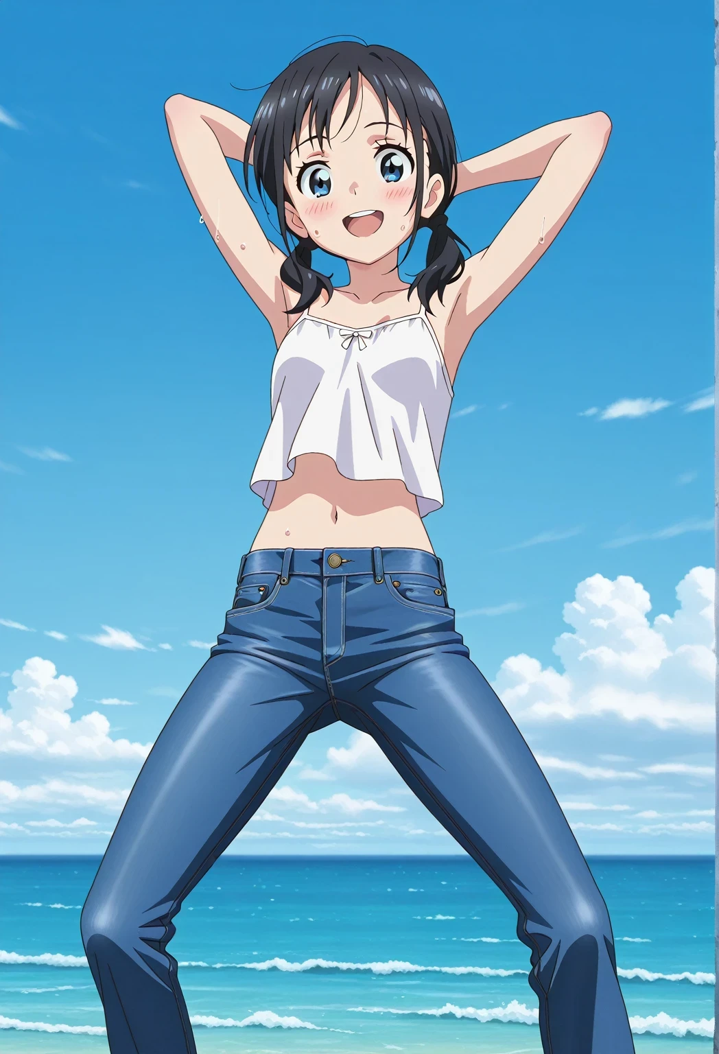 score_9, score_8_up, score_7_up, source_anime, highres, hi res, ((best quality, top quality, perfect quality, Highest Quality, amazing quality)), {{masterpiece}}, {{an extremely delicate and beautiful}}, 2d, intricate details, official style, anime, 8k, anime style, official_anime, official art, digital painting, cell shading, soft shading, high resolution, soothing tones, Subdued Color, Soft cinematic light, adobe lightroom, photolab, HDR, intricately and hyper-detailed, ((high quality animation)), 1 girl, Alone, solo, ((ocean)), tsunami, on the water, day, sunny, outdoors, sky, windy, hina_xl, 1girl, black hair, twintails, blue eyes, low twintails, anime screencap, small breasts, white camisole top, crop top, white crop top, best quality, hyper-detailed jeans, ((blue jeans:1.9)), (dark blue jeans:0.6), full medium body, medium shot, Open mouth, smiling, happy face, blush, sweat, standing, ((arms behind head:6.0)), bowlegged, jumping pose, action, looking at viewer, spread legs, Bend knees slightly, straight-on front view