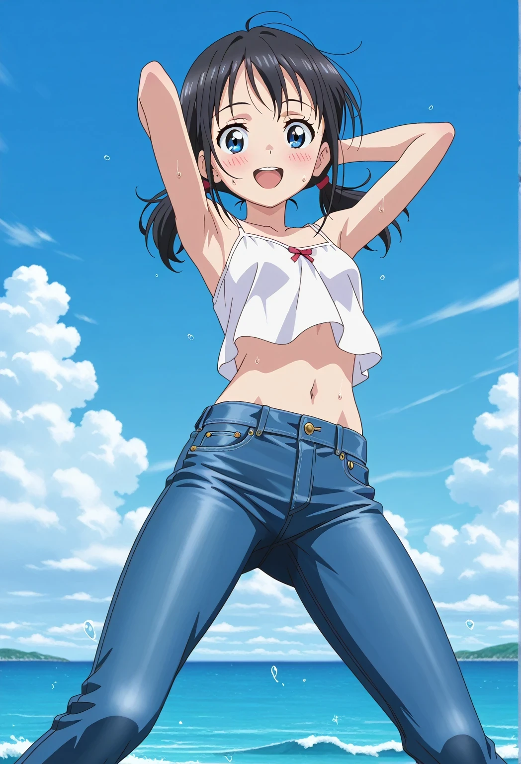 score_9, score_8_up, score_7_up, source_anime, highres, hi res, ((best quality, top quality, perfect quality, Highest Quality, amazing quality)), {{masterpiece}}, {{an extremely delicate and beautiful}}, 2d, intricate details, official style, anime, 8k, anime style, official_anime, official art, digital painting, cell shading, soft shading, high resolution, soothing tones, Subdued Color, Soft cinematic light, adobe lightroom, photolab, HDR, intricately and hyper-detailed, ((high quality animation)), 1 girl, Alone, solo, ((ocean)), tsunami, on the water, day, sunny, outdoors, sky, windy, hina_xl, 1girl, black hair, twintails, blue eyes, low twintails, anime screencap, small breasts, white camisole top, crop top, white crop top, best quality, hyper-detailed jeans, ((blue jeans:1.9)), (dark blue jeans:0.6), full medium body, medium shot, Open mouth, smiling, happy face, blush, sweat, standing, ((arms behind head:6.0)), bowlegged, jumping pose, action, looking at viewer, spread legs, Bend knees slightly, straight-on front view