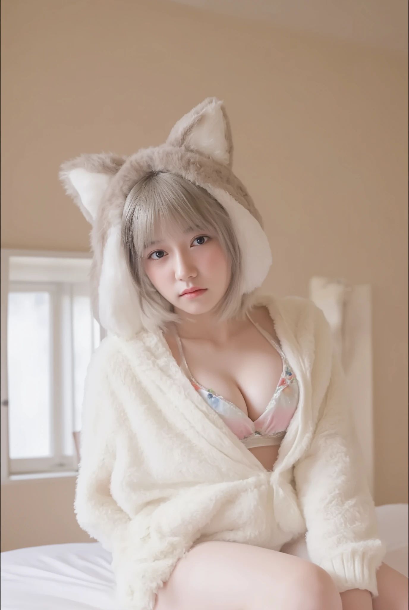 (((biologically accurate images))),lying on the bed、focuses on the face、
masterpiece, Highest Quality,fox ears,Foxtail, ( Silver Hair,blonde tail ,brown eyes:1.5), Highlight Eyes ,Eyes of Captivating Light, 鏡面Highlight Eyes, lori,,(small :1.2),(super fluffy animal costume pajamas:1.5),rose twin tail {x} lying on bed,sleepy,(close your eyes:1.2)