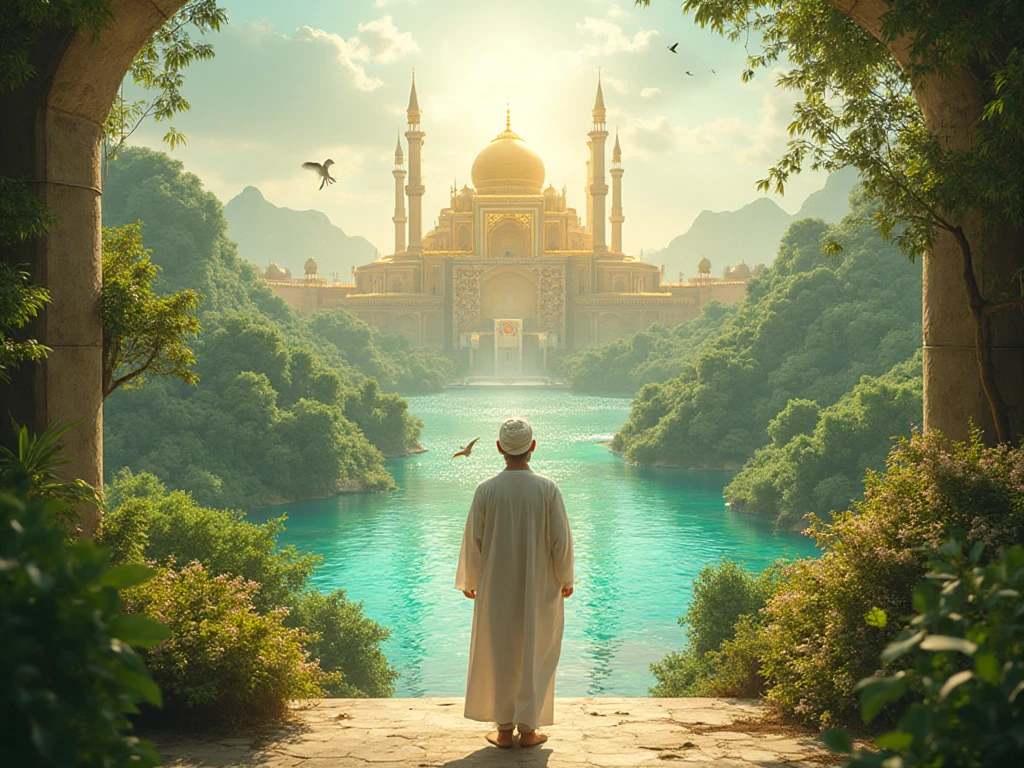 Some days later. Hunters arrive in the forest, set up a trap, and capture the lion. The lion roars for help.
Hatim reaches out to help the old man with his load. The woodcutter steps back, proud and firm, refusing the help."