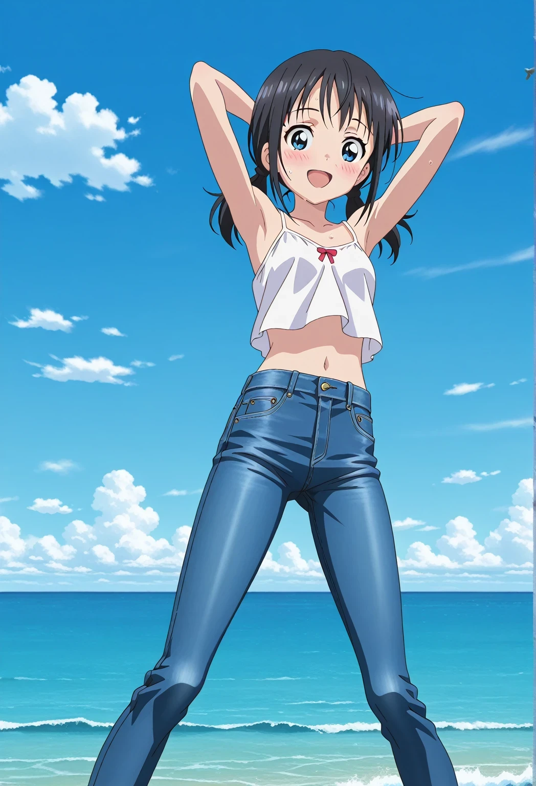 score_9, score_8_up, score_7_up, source_anime, highres, hi res, ((best quality, top quality, perfect quality, Highest Quality, amazing quality)), {{masterpiece}}, {{an extremely delicate and beautiful}}, 2d, intricate details, official style, anime, 8k, anime style, official_anime, official art, digital painting, cell shading, soft shading, high resolution, soothing tones, Subdued Color, Soft cinematic light, adobe lightroom, photolab, HDR, intricately and hyper-detailed, ((high quality animation)), 1 girl, Alone, solo, ((ocean)), tsunami, on the water, day, sunny, outdoors, sky, windy, hina_xl, 1girl, black hair, twintails, blue eyes, low twintails, anime screencap, small breasts, white camisole top, crop top, white crop top, best quality, hyper-detailed jeans, ((blue jeans:1.9)), (dark blue jeans:0.6), full medium body, medium shot, Open mouth, smiling, happy face, blush, sweat, standing, ((arms behind head:6.0)), bowlegged, jumping pose, action, looking at viewer, spread legs, Bend knees slightly, straight-on front view