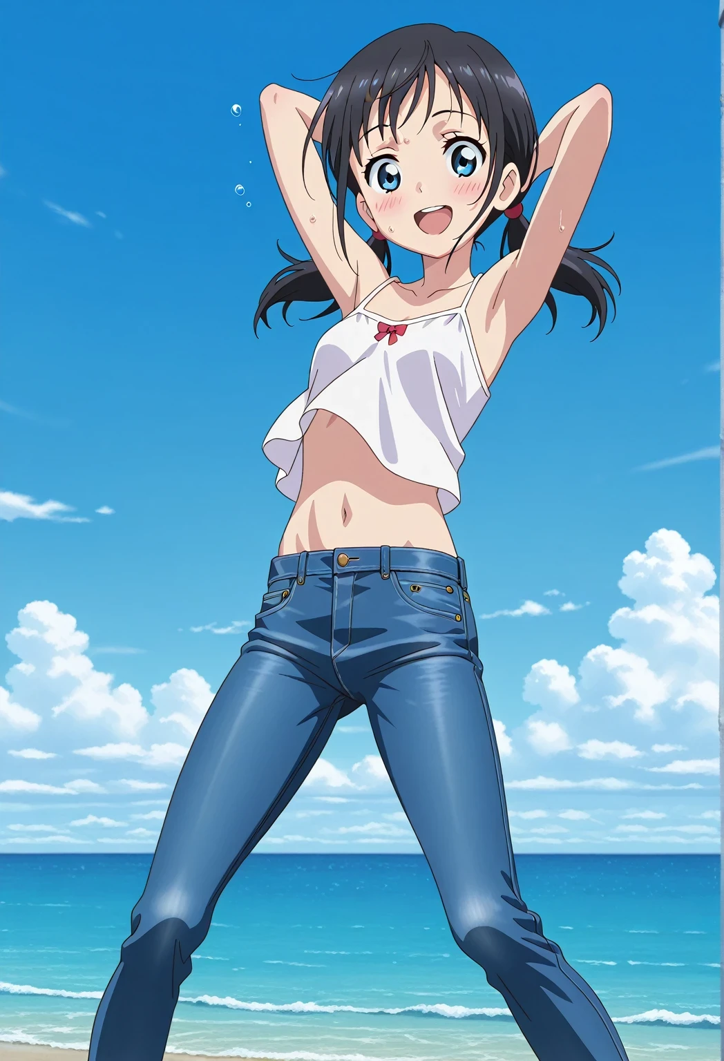 score_9, score_8_up, score_7_up, source_anime, highres, hi res, ((best quality, top quality, perfect quality, Highest Quality, amazing quality)), {{masterpiece}}, {{an extremely delicate and beautiful}}, 2d, intricate details, official style, anime, 8k, anime style, official_anime, official art, digital painting, cell shading, soft shading, high resolution, soothing tones, Subdued Color, Soft cinematic light, adobe lightroom, photolab, HDR, intricately and hyper-detailed, ((high quality animation)), 1 girl, Alone, solo, ((ocean)), tsunami, on the water, day, sunny, outdoors, sky, windy, hina_xl, 1girl, black hair, twintails, blue eyes, low twintails, anime screencap, small breasts, white camisole top, crop top, white crop top, best quality, hyper-detailed jeans, ((blue jeans:1.9)), (dark blue jeans:0.6), full medium body, medium shot, Open mouth, smiling, happy face, blush, sweat, standing, ((arms behind head:6.0)), bowlegged, jumping pose, action, looking at viewer, spread legs, Bend knees slightly, straight-on front view
