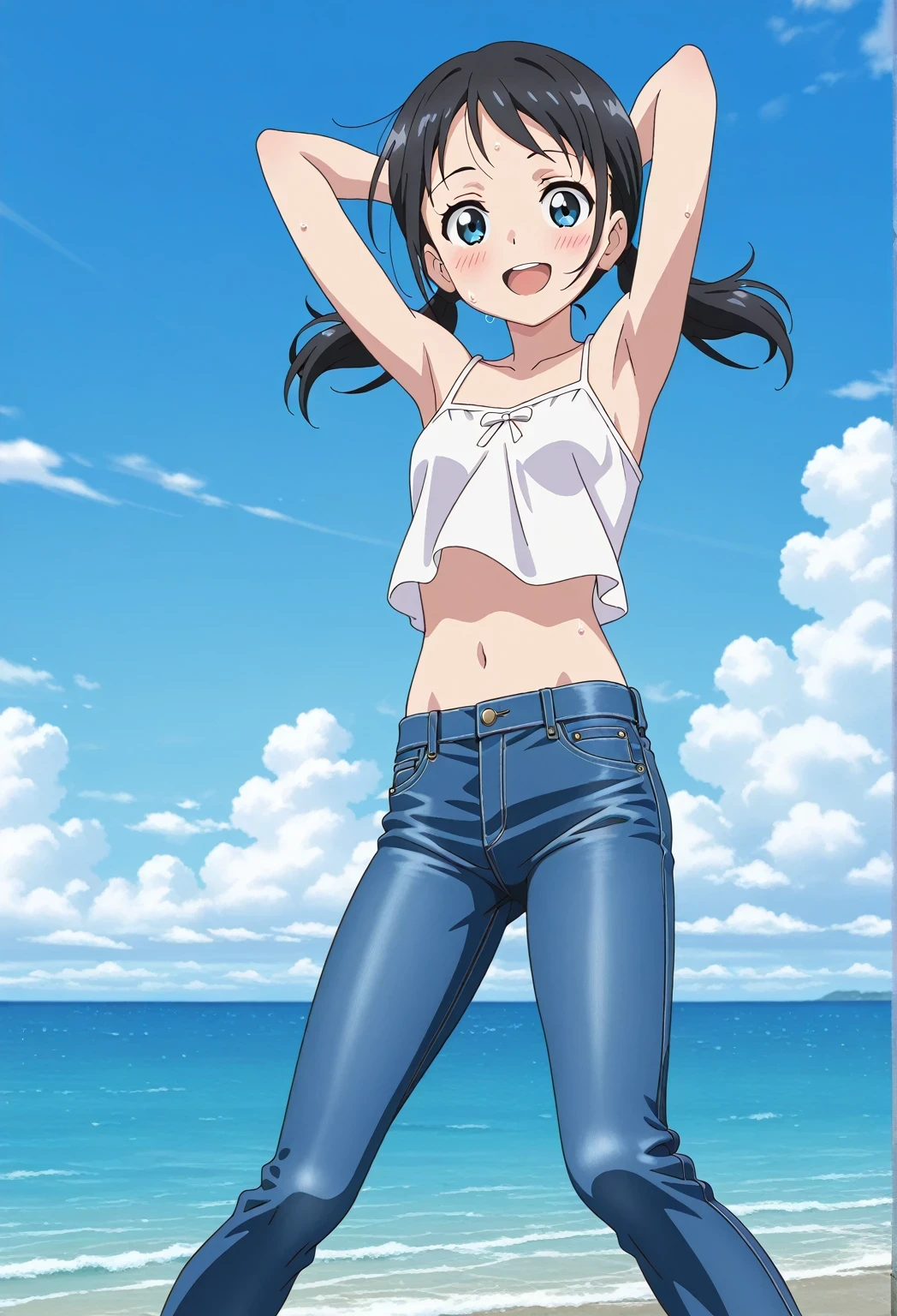 score_9, score_8_up, score_7_up, source_anime, highres, hi res, ((best quality, top quality, perfect quality, Highest Quality, amazing quality)), {{masterpiece}}, {{an extremely delicate and beautiful}}, 2d, intricate details, official style, anime, 8k, anime style, official_anime, official art, digital painting, cell shading, soft shading, high resolution, soothing tones, Subdued Color, Soft cinematic light, adobe lightroom, photolab, HDR, intricately and hyper-detailed, ((high quality animation)), 1 girl, Alone, solo, ((ocean)), tsunami, on the water, day, sunny, outdoors, sky, windy, hina_xl, 1girl, black hair, twintails, blue eyes, low twintails, anime screencap, small breasts, white camisole top, crop top, white crop top, best quality, hyper-detailed jeans, ((blue jeans:1.9)), (dark blue jeans:0.6), full medium body, medium shot, Open mouth, smiling, happy face, blush, sweat, standing, ((arms behind head:6.0)), bowlegged, jumping pose, action, looking at viewer, spread legs, Bend knees slightly, straight-on front view