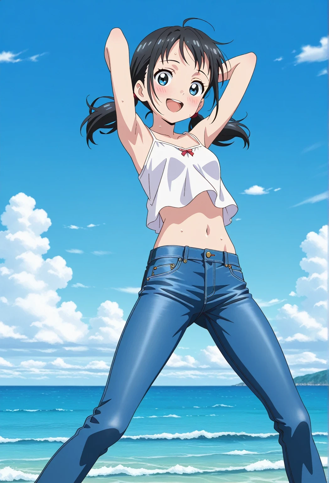 score_9, score_8_up, score_7_up, source_anime, highres, hi res, ((best quality, top quality, perfect quality, Highest Quality, amazing quality)), {{masterpiece}}, {{an extremely delicate and beautiful}}, 2d, intricate details, official style, anime, 8k, anime style, official_anime, official art, digital painting, cell shading, soft shading, high resolution, soothing tones, Subdued Color, Soft cinematic light, adobe lightroom, photolab, HDR, intricately and hyper-detailed, ((high quality animation)), 1 girl, Alone, solo, ((ocean)), tsunami, on the water, day, sunny, outdoors, sky, windy, hina_xl, 1girl, black hair, twintails, blue eyes, low twintails, anime screencap, small breasts, white camisole top, crop top, white crop top, best quality, hyper-detailed jeans, ((blue jeans:1.9)), (dark blue jeans:0.6), full medium body, medium shot, Open mouth, smiling, happy face, blush, sweat, standing, ((arms behind head:6.0)), bowlegged, jumping pose, action, looking at viewer, spread legs, Bend knees slightly, straight-on front view