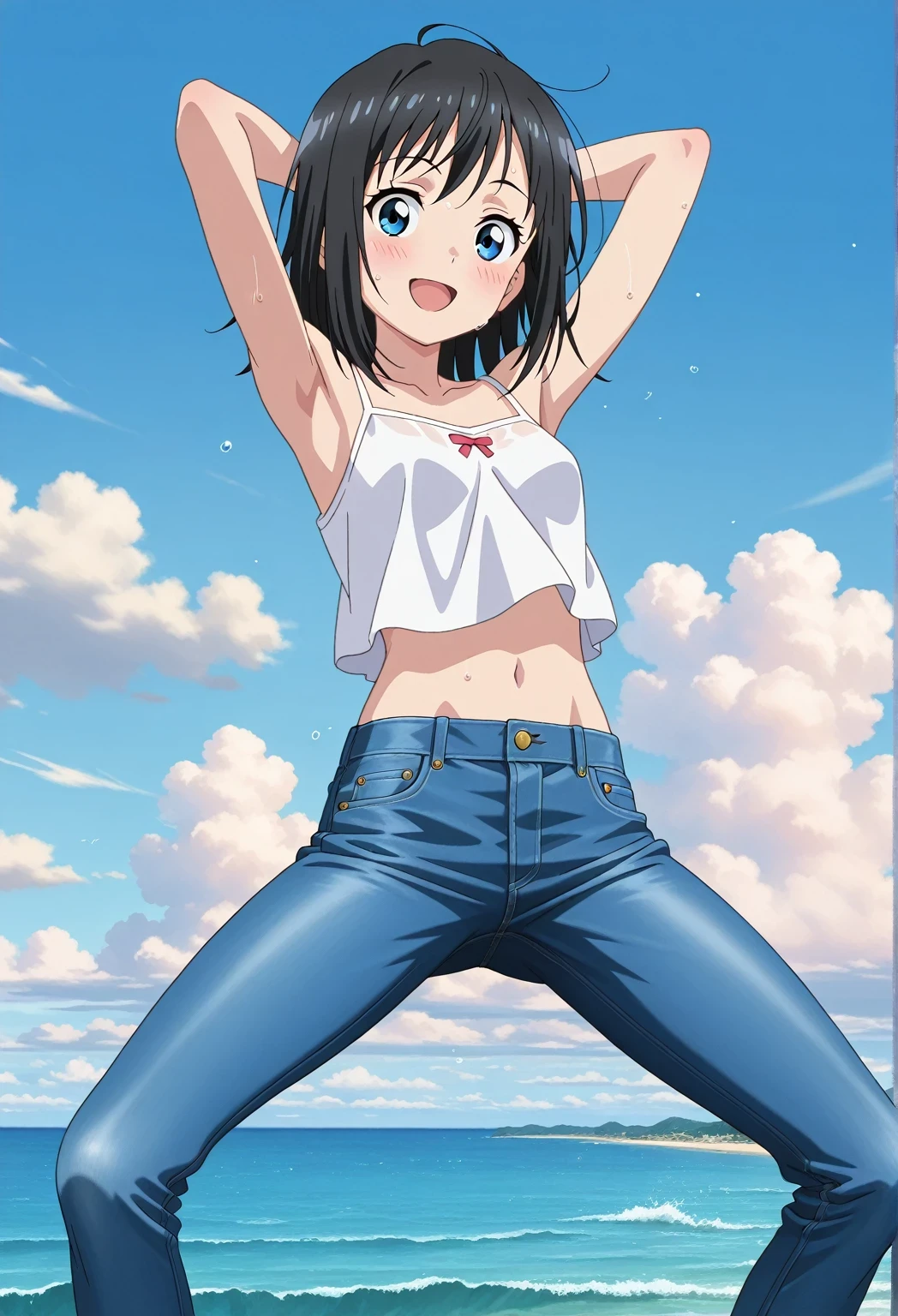 score_9, score_8_up, score_7_up, source_anime, highres, hi res, ((best quality, top quality, perfect quality, Highest Quality, amazing quality)), {{masterpiece}}, {{an extremely delicate and beautiful}}, 2d, intricate details, official style, anime, 8k, anime style, official_anime, official art, digital painting, cell shading, soft shading, high resolution, soothing tones, Subdued Color, Soft cinematic light, adobe lightroom, photolab, HDR, intricately and hyper-detailed, ((high quality animation)), 1 girl, Alone, solo, ((ocean)), tsunami, on the water, day, sunny, outdoors, sky, windy, hina_xl, 1girl, black hair, blue eyes, medium hair, anime screencap, small breasts, white camisole top, crop top, white crop top, best quality, hyper-detailed jeans, ((blue jeans:1.9)), (dark blue jeans:0.6), full medium body, medium shot, Open mouth, smiling, happy face, blush, sweat, standing, ((arms behind head:6.0)), bowlegged, jumping pose, action, looking at viewer, spread legs, Bend knees slightly, straight-on front view