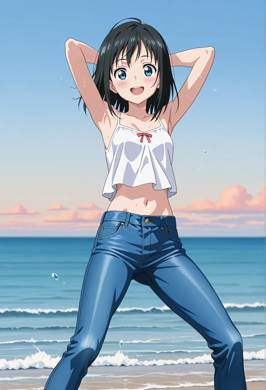 score_9, score_8_up, score_7_up, source_anime, highres, hi res, ((best quality, top quality, perfect quality, Highest Quality, amazing quality)), {{masterpiece}}, {{an extremely delicate and beautiful}}, 2d, intricate details, official style, anime, 8k, anime style, official_anime, official art, digital painting, cell shading, soft shading, high resolution, soothing tones, Subdued Color, Soft cinematic light, adobe lightroom, photolab, HDR, intricately and hyper-detailed, ((high quality animation)), 1 girl, Alone, solo, ((ocean)), tsunami, on the water, day, sunny, outdoors, sky, windy, hina_xl, 1girl, black hair, blue eyes, medium hair, anime screencap, small breasts, white camisole top, crop top, white crop top, best quality, hyper-detailed jeans, ((blue jeans:1.9)), (dark blue jeans:0.6), full medium body, medium shot, Open mouth, smiling, happy face, blush, sweat, standing, ((arms behind head:6.0)), bowlegged, jumping pose, action, looking at viewer, spread legs, Bend knees slightly, straight-on front view