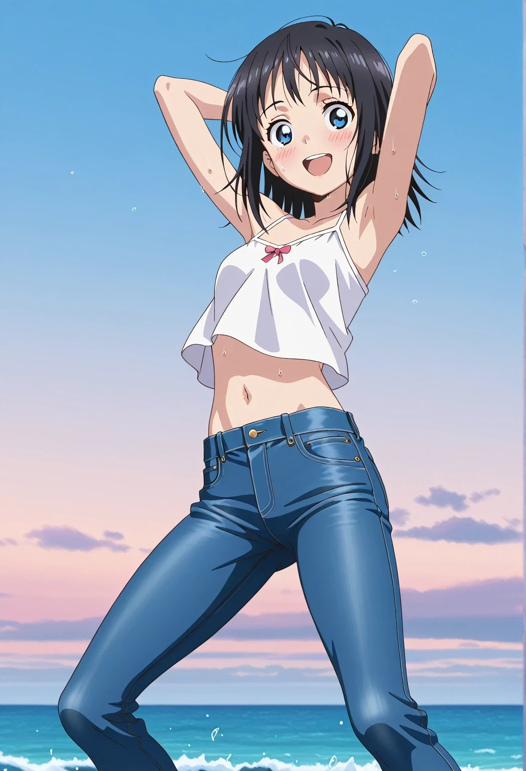 score_9, score_8_up, score_7_up, source_anime, highres, hi res, ((best quality, top quality, perfect quality, Highest Quality, amazing quality)), {{masterpiece}}, {{an extremely delicate and beautiful}}, 2d, intricate details, official style, anime, 8k, anime style, official_anime, official art, digital painting, cell shading, soft shading, high resolution, soothing tones, Subdued Color, Soft cinematic light, adobe lightroom, photolab, HDR, intricately and hyper-detailed, ((high quality animation)), 1 girl, Alone, solo, ((ocean)), tsunami, on the water, day, sunny, outdoors, sky, windy, hina_xl, 1girl, black hair, blue eyes, medium hair, anime screencap, small breasts, white camisole top, crop top, white crop top, best quality, hyper-detailed jeans, ((blue jeans:1.9)), (dark blue jeans:0.6), full medium body, medium shot, Open mouth, smiling, happy face, blush, sweat, standing, ((arms behind head:6.0)), bowlegged, jumping pose, action, looking at viewer, spread legs, Bend knees slightly, straight-on front view
