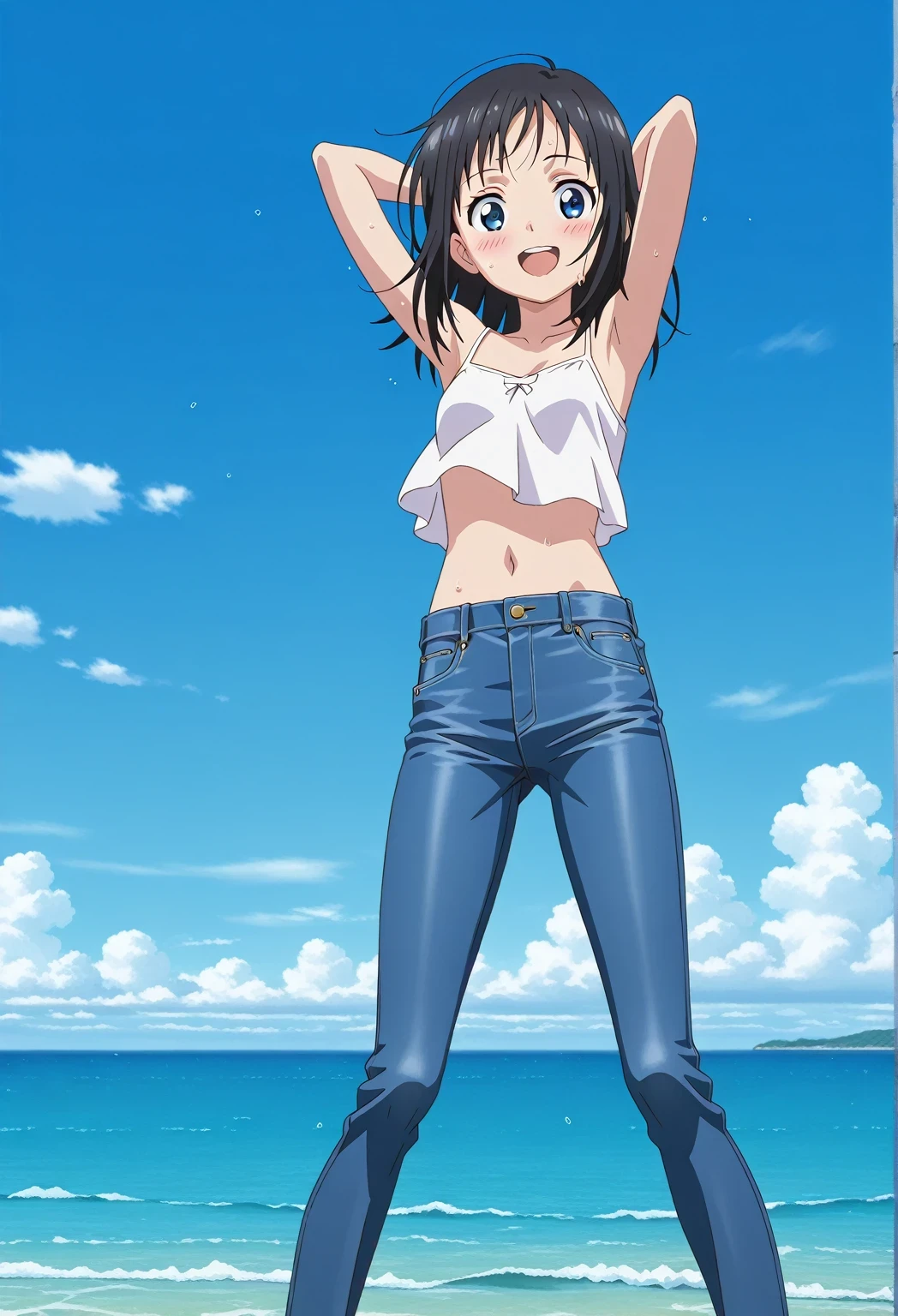score_9, score_8_up, score_7_up, source_anime, highres, hi res, ((best quality, top quality, perfect quality, Highest Quality, amazing quality)), {{masterpiece}}, {{an extremely delicate and beautiful}}, 2d, intricate details, official style, anime, 8k, anime style, official_anime, official art, digital painting, cell shading, soft shading, high resolution, soothing tones, Subdued Color, Soft cinematic light, adobe lightroom, photolab, HDR, intricately and hyper-detailed, ((high quality animation)), 1 girl, Alone, solo, ((ocean)), tsunami, on the water, day, sunny, outdoors, sky, windy, hina_xl, 1girl, black hair, blue eyes, medium hair, anime screencap, small breasts, white camisole top, crop top, white crop top, best quality, hyper-detailed jeans, ((blue jeans:1.9)), (dark blue jeans:0.6), full medium body, medium shot, Open mouth, smiling, happy face, blush, sweat, standing, ((arms behind head:6.0)), bowlegged, jumping pose, action, looking at viewer, spread legs, Bend knees slightly, straight-on front view
