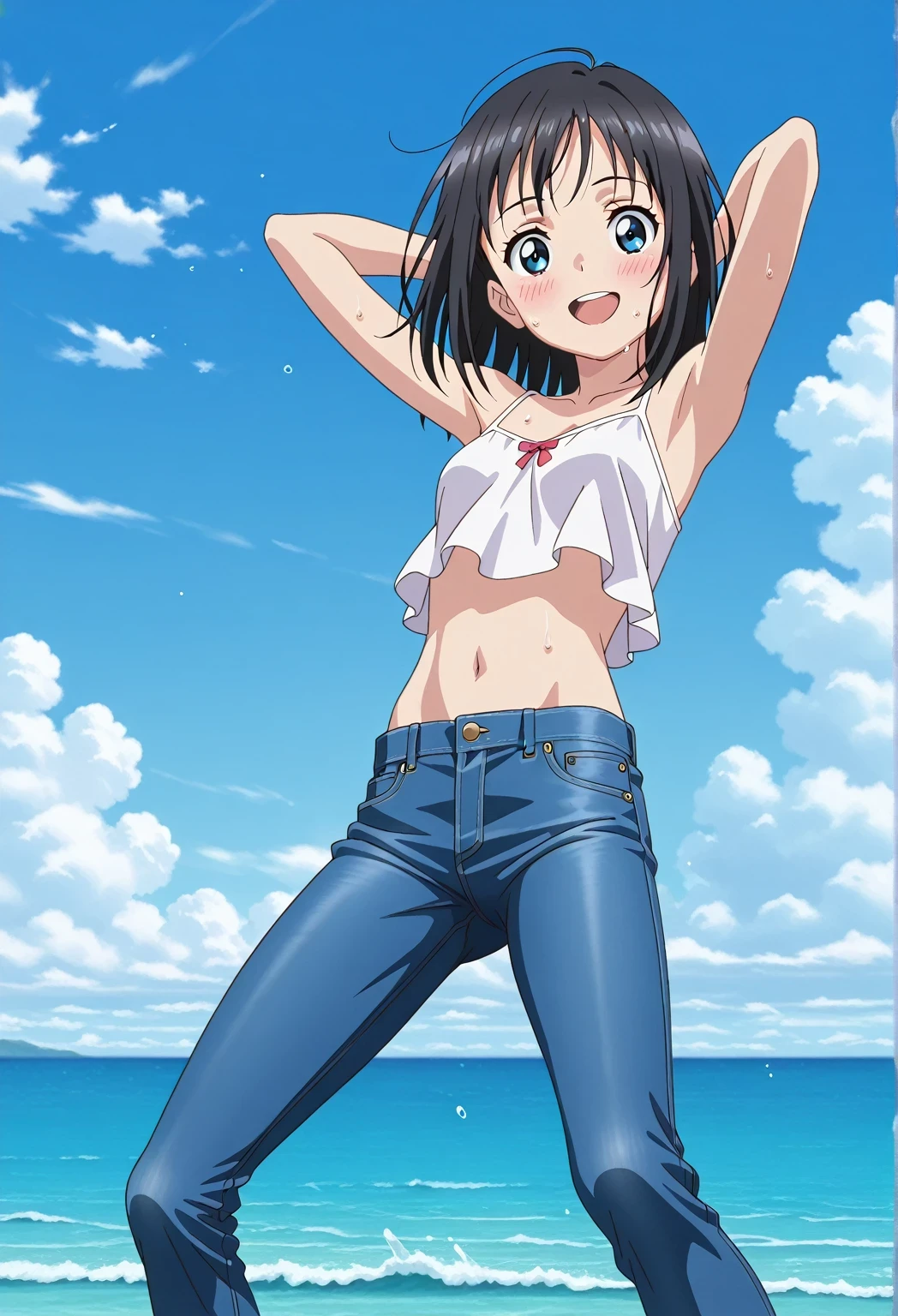score_9, score_8_up, score_7_up, source_anime, highres, hi res, ((best quality, top quality, perfect quality, Highest Quality, amazing quality)), {{masterpiece}}, {{an extremely delicate and beautiful}}, 2d, intricate details, official style, anime, 8k, anime style, official_anime, official art, digital painting, cell shading, soft shading, high resolution, soothing tones, Subdued Color, Soft cinematic light, adobe lightroom, photolab, HDR, intricately and hyper-detailed, ((high quality animation)), 1 girl, Alone, solo, ((ocean)), tsunami, on the water, day, sunny, outdoors, sky, windy, hina_xl, 1girl, black hair, blue eyes, medium hair, anime screencap, small breasts, white camisole top, crop top, white crop top, best quality, hyper-detailed jeans, ((blue jeans:1.9)), (dark blue jeans:0.6), full medium body, medium shot, Open mouth, smiling, happy face, blush, sweat, standing, ((arms behind head:6.0)), bowlegged, jumping pose, action, looking at viewer, spread legs, Bend knees slightly, straight-on front view