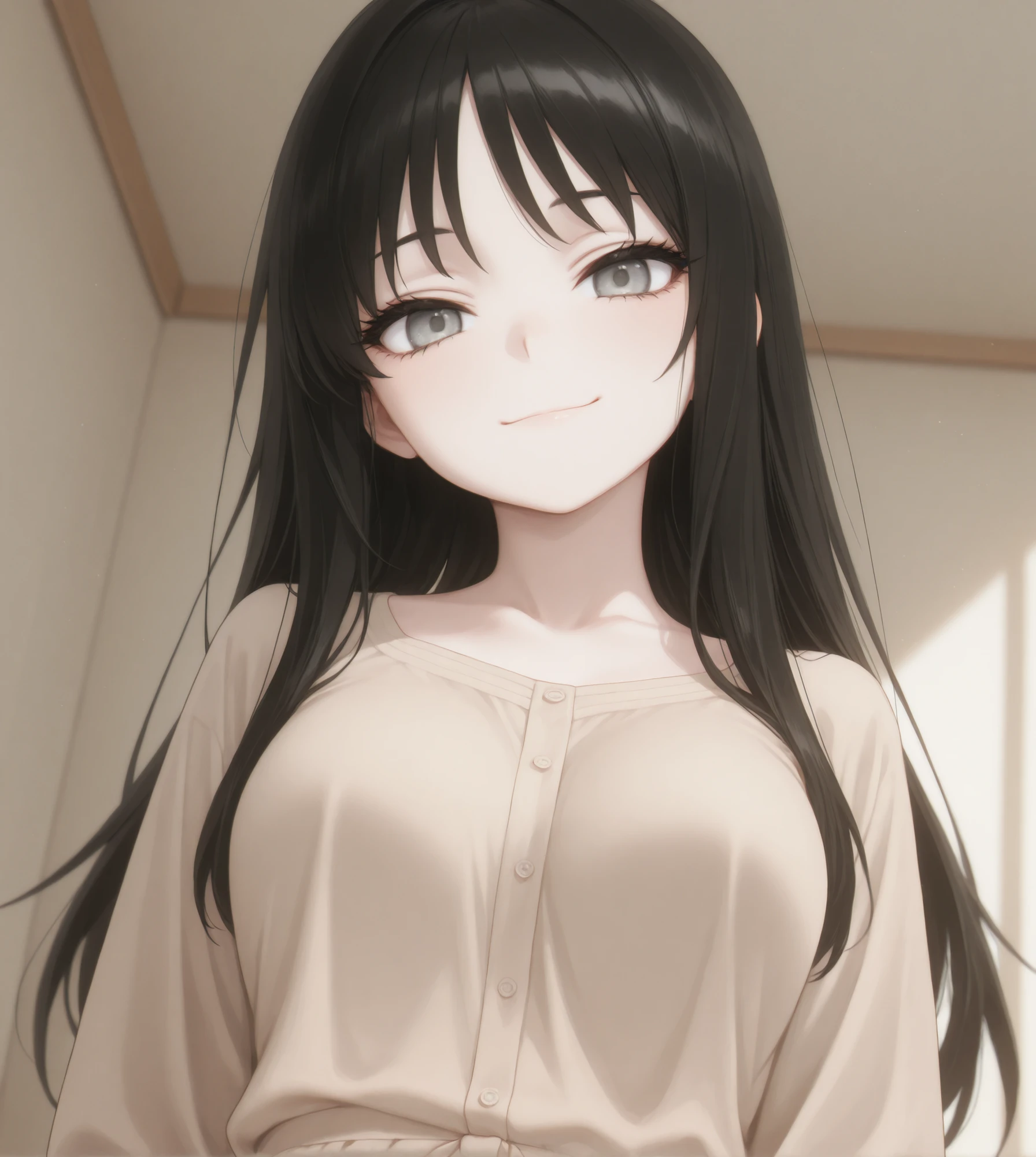 Masterpiece, Best Quality, Newest, Safe, Good Anatomy, Good Resolution, Good Lighting. Beautiful, Anime, Normal. Japanese girl, Teenager, Long Black Hair. Light Gray Eyes, Black Eyelashes. Fair Skin, Kind and Gentle Smile, Medium Breasts. She is 16 Years Old, Height 1'70 cm. Looking at Viewer, Alone, Background:Simple Beige Background. Wearing Clothing:Classic Soft Colored Clothing Style.