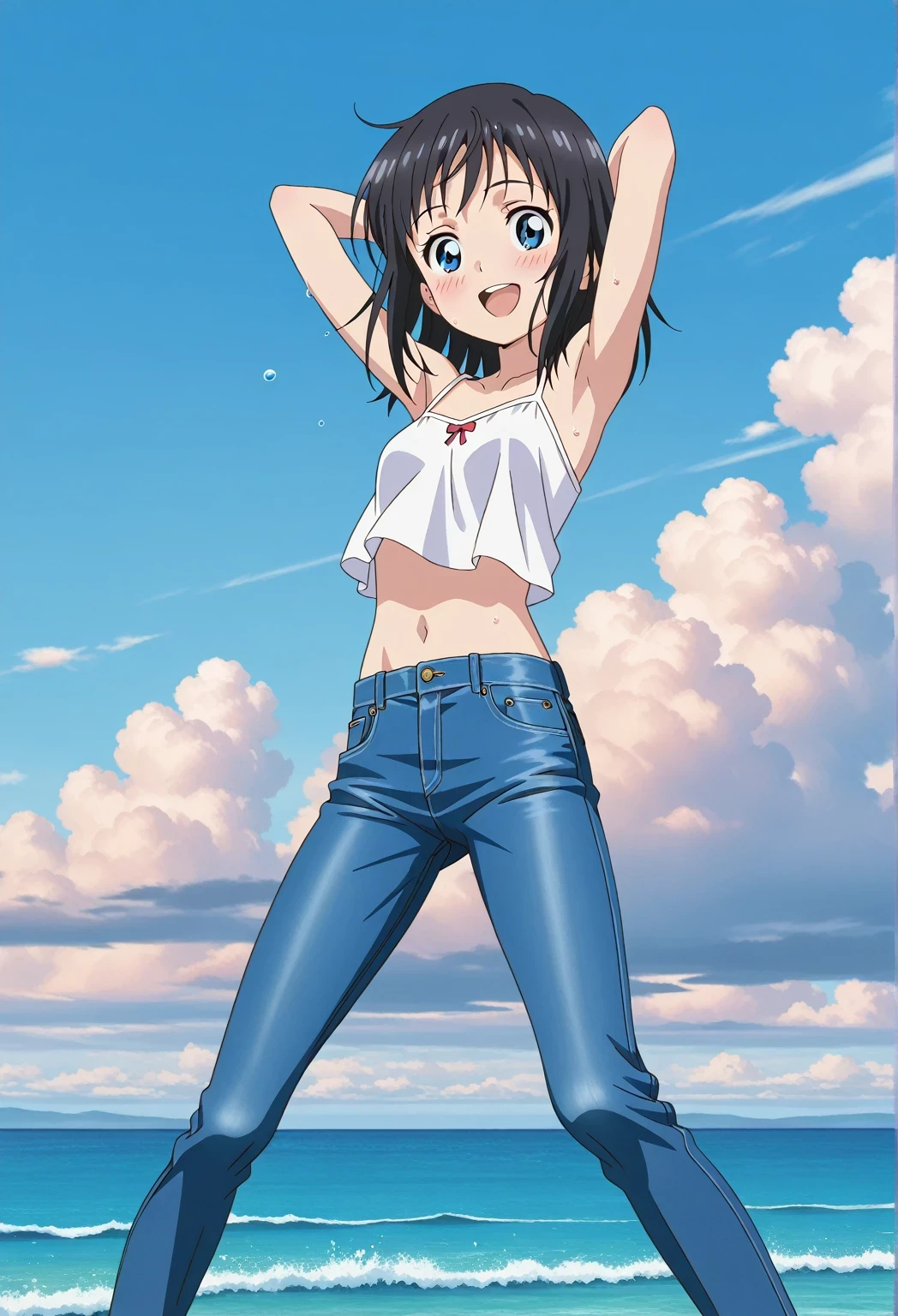 score_9, score_8_up, score_7_up, source_anime, highres, hi res, ((best quality, top quality, perfect quality, Highest Quality, amazing quality)), {{masterpiece}}, {{an extremely delicate and beautiful}}, 2d, intricate details, official style, anime, 8k, anime style, official_anime, official art, digital painting, cell shading, soft shading, high resolution, soothing tones, Subdued Color, Soft cinematic light, adobe lightroom, photolab, HDR, intricately and hyper-detailed, ((high quality animation)), 1 girl, Alone, solo, ((ocean)), tsunami, on the water, day, sunny, outdoors, sky, windy, hina_xl, 1girl, black hair, blue eyes, medium hair, anime screencap, small breasts, white camisole top, crop top, white crop top, best quality, hyper-detailed jeans, ((blue jeans:1.9)), (dark blue jeans:0.6), full medium body, medium shot, Open mouth, smiling, happy face, blush, sweat, standing, ((arms behind head:6.0)), bowlegged, jumping pose, action, looking at viewer, spread legs, Bend knees slightly, straight-on front view