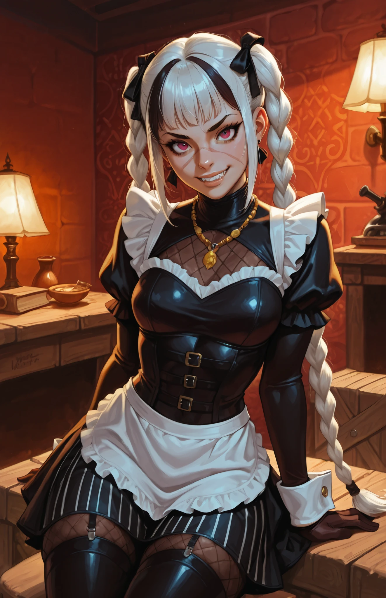 She looks like Elena from Street Fighter and has a horizontal scar across her nose. Inca girl with white and dark hair, deep red-coloured eyes, slanted Asian eyes, small sharp canine teeth, black eyeliner, athletic body and soft abs. Slender and athletic. Cute, round and young face. White highlights in her hair. She wears black, leather outfit with snakeskin-pattern and black gloves. She also wears an amber necklace. She has small breasts. She has a small smile on her face, lips pressed together. Atmospheric lighting. Looking at the viewer. Background: Spanish medieval town, hdr colours, semi-realistic