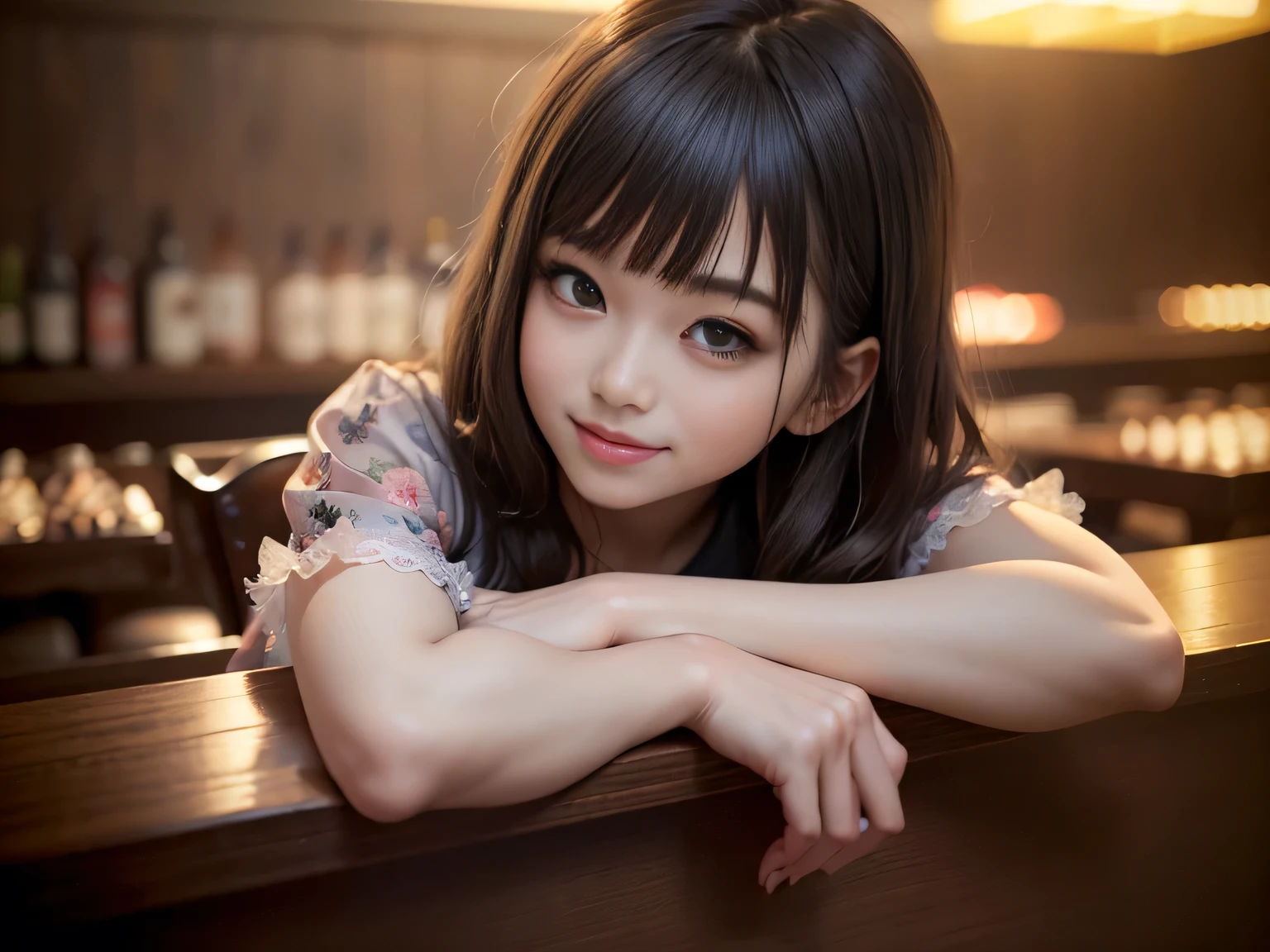 (Highest quality, masterpiece, Ultra-high resolution, 8K, RAW Photos, Realistic, Anatomically correct:1.5), (Stainless steel round bar fence:1.0, Put your elbow on the fence:1.2, 20-year-old、 Embarrassing, avert your eyes, blush:1.0, View Viewer, ((bar)) 、Night view、 Light:1.2, Bokeh, Cinema Lighting:1.0, Depth of written boundary, sharp、 Cute face、Idol、Black short sleeve lace top、Black pleated skirt、Black clothing、”dwarf”、(Floral clothes)、Full Body Shot、Cowboy Shot、(( smile))、(Ultra short hair)、 short hair, (Blunt bangs: 1.2)、(( One Girl))