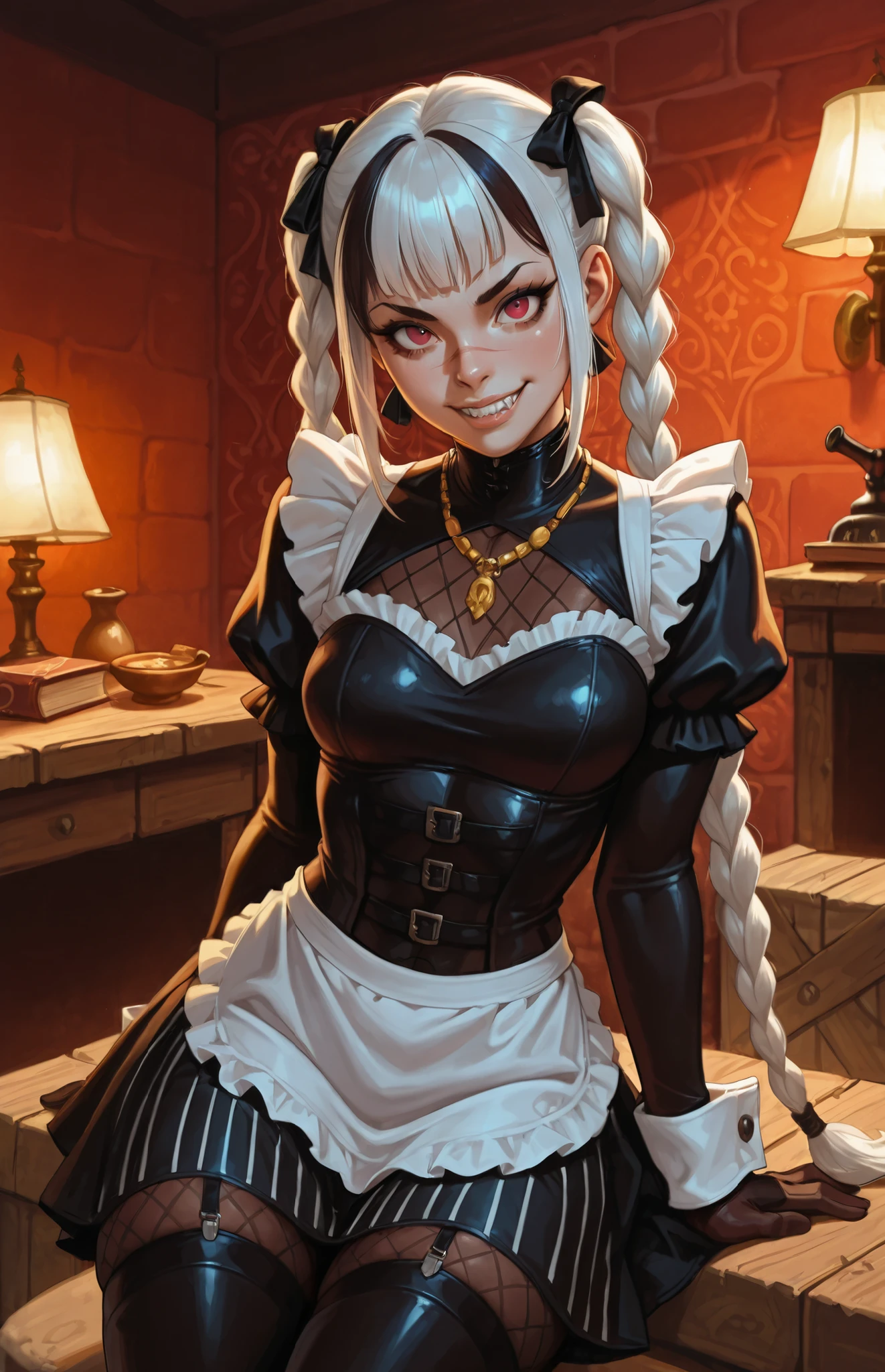 She looks like Elena from Street Fighter and has a horizontal scar across her nose. Inca girl with white and dark hair, deep red-coloured eyes, slanted Asian eyes, small sharp canine teeth, black eyeliner, athletic body and soft abs. Slender and athletic. Cute, round and young face. White highlights in her hair. She wears black, leather outfit with snakeskin-pattern and black gloves. She also wears an amber necklace. She has small breasts. She has a small smile on her face, lips pressed together. Atmospheric lighting. Looking at the viewer. Background: Spanish medieval town, hdr colours, semi-realistic