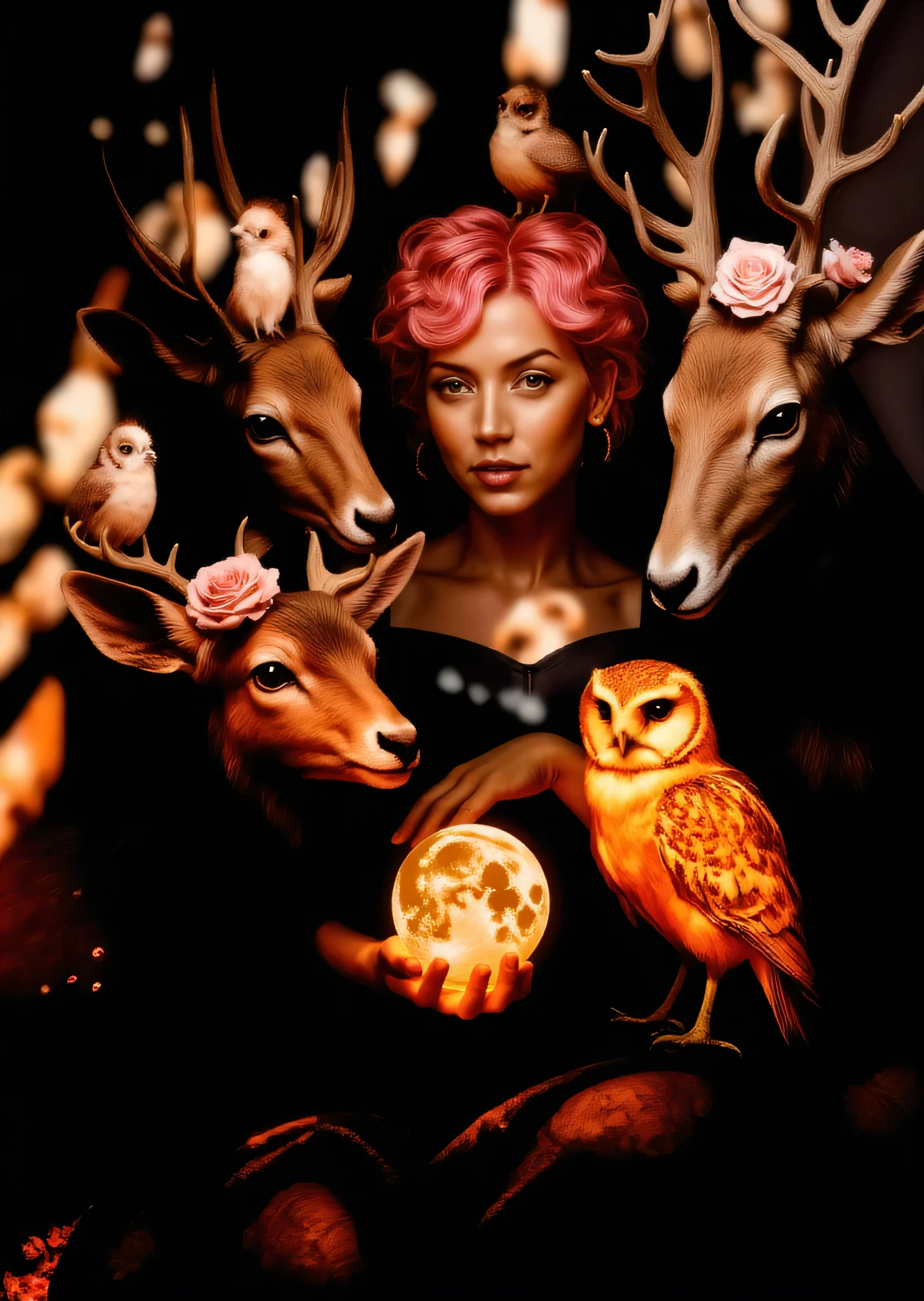 hyperrealistic style image featuring a woman with pale skin and vibrant pink curly hair, surrounded by three deer with antlers adorned with small white birds and pink roses. The woman is dressed in a dark, elegant gown and holds a glowing orb resembling a full moon in her hand, casting a warm light on her face and the surrounding animals. An owl with vivid orange and brown feathers perches on her arm, adding to the mystical atmosphere. The background is dark, enhancing the contrast and highlighting the ethereal elements of the scene. The composition is balanced, with the animals and floral elements framing the central figure, creating a harmonious and dreamlike visual experience.