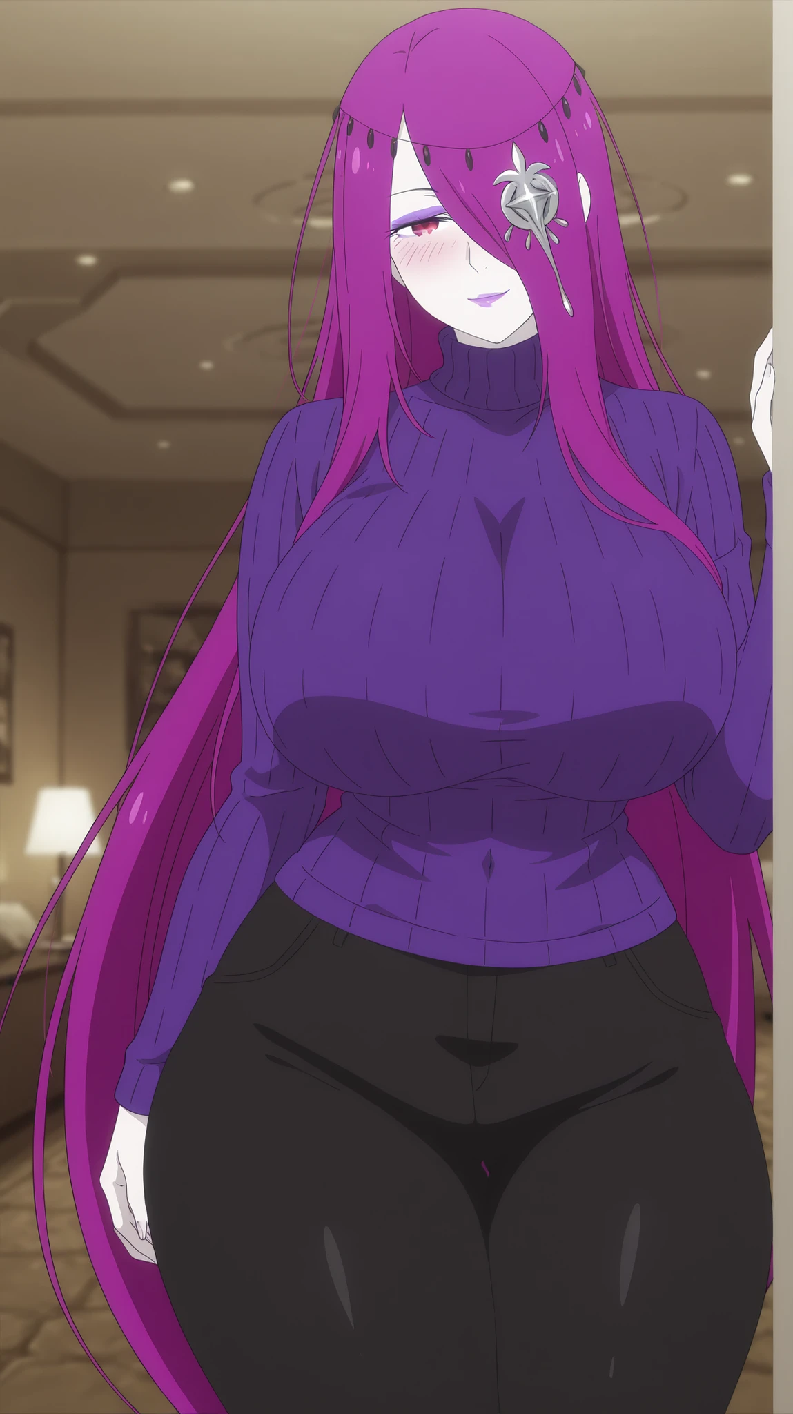 masterpiece, best quality, amazing quality, highres, absurdres, anime screencap, anime colouring, sekhmet, 1girl , adult female, milf, motherly, pale skin , long hair , purple hair , hair over one eye , red eyes , makeup, hair ornament, huge breasts, big buttocks, huge Butt, thick thighs, Toned thighs, Smile,view detailed body, ((turtleneck sweater, blush, black pants,)), ((Sexy,)), hotel,