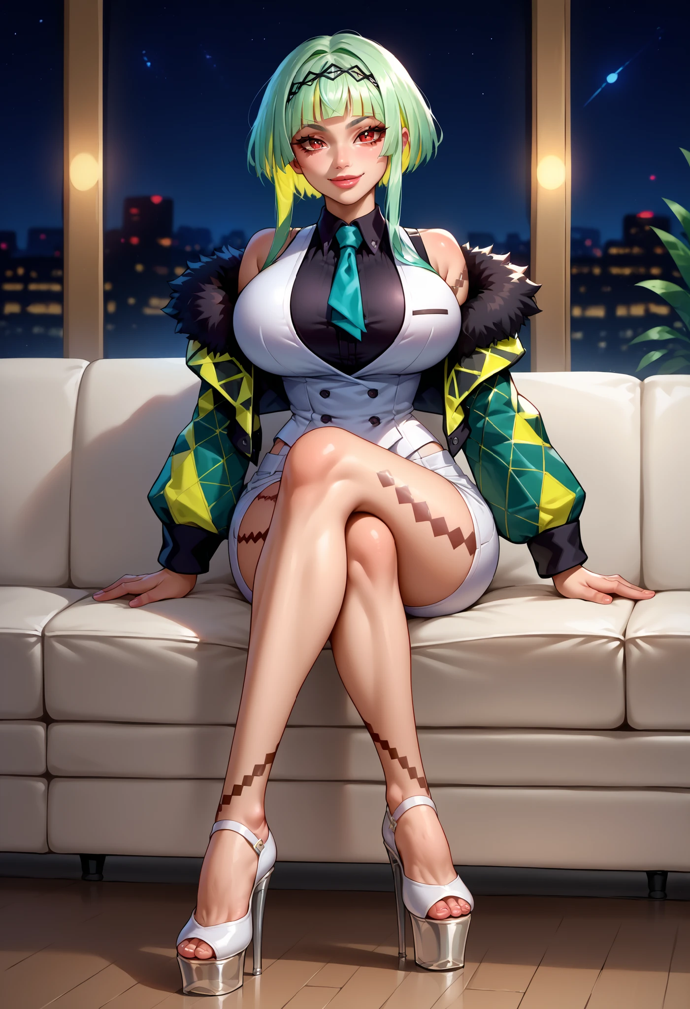 score_9, score_8_up, score_7_up, source_anime BREAK solo, 1girl,   ringosh2, HyperBimbo, Huge Round , Huge Round , Huge lips, short hair with long locks, green hair, multicolored hair, red eyes, hairband, white vest, white shorts, necktie, smile, shirt, body markings, sleeveless, collared shirt, jacket, cropped jacket, fur trim, tiptoes focused platform high heels, looking at viewer,  sitting, crossed legs, couch, off shoulder, night, leg tattoo, 