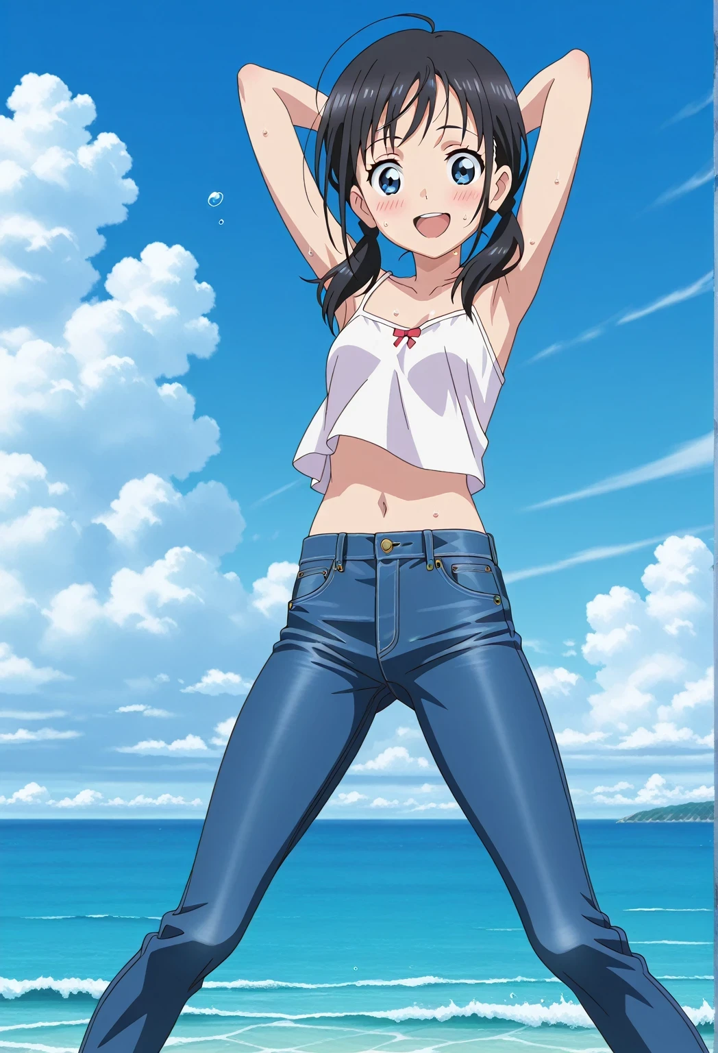 score_9, score_8_up, score_7_up, source_anime, highres, hi res, ((best quality, top quality, perfect quality, Highest Quality, amazing quality)), {{masterpiece}}, {{an extremely delicate and beautiful}}, 2d, intricate details, official style, anime, 8k, anime style, official_anime, official art, digital painting, cell shading, soft shading, high resolution, soothing tones, Subdued Color, Soft cinematic light, adobe lightroom, photolab, HDR, intricately and hyper-detailed, ((high quality animation)), 1 girl, Alone, solo, ((ocean)), tsunami, on the water, day, sunny, outdoors, sky, windy, hina_xl, 1girl, black hair, blue eyes, medium hair, low twintails, anime screencap, small breasts, white camisole top, crop top, white crop top, best quality, hyper-detailed jeans, ((blue jeans:1.9)), (dark blue jeans:0.6), full medium body, medium shot, Open mouth, smiling, happy face, blush, sweat, standing, ((arms behind head:6.0)), bowlegged, jumping pose, action, looking at viewer, spread legs, Bend knees slightly, straight-on front view