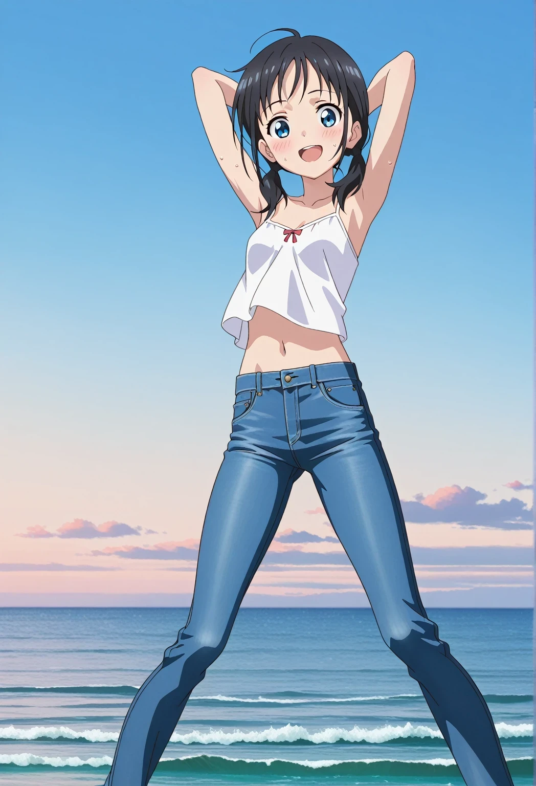 score_9, score_8_up, score_7_up, source_anime, highres, hi res, ((best quality, top quality, perfect quality, Highest Quality, amazing quality)), {{masterpiece}}, {{an extremely delicate and beautiful}}, 2d, intricate details, official style, anime, 8k, anime style, official_anime, official art, digital painting, cell shading, soft shading, high resolution, soothing tones, Subdued Color, Soft cinematic light, adobe lightroom, photolab, HDR, intricately and hyper-detailed, ((high quality animation)), 1 girl, Alone, solo, ((ocean)), tsunami, on the water, day, sunny, outdoors, sky, windy, hina_xl, 1girl, black hair, blue eyes, medium hair, low twintails, anime screencap, small breasts, white camisole top, crop top, white crop top, best quality, hyper-detailed jeans, ((blue jeans:1.9)), (dark blue jeans:0.6), full medium body, medium shot, Open mouth, smiling, happy face, blush, sweat, standing, ((arms behind head:6.0)), bowlegged, sliding pose, action, looking at viewer, spread legs, Bend knees slightly, straight-on front view