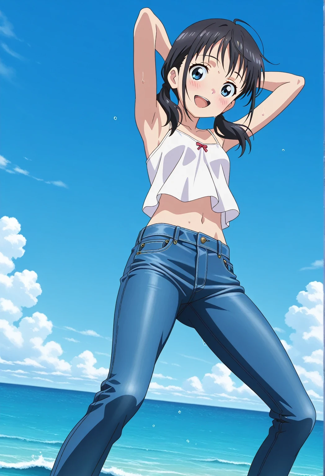 score_9, score_8_up, score_7_up, source_anime, highres, hi res, ((best quality, top quality, perfect quality, Highest Quality, amazing quality)), {{masterpiece}}, {{an extremely delicate and beautiful}}, 2d, intricate details, official style, anime, 8k, anime style, official_anime, official art, digital painting, cell shading, soft shading, high resolution, soothing tones, Subdued Color, Soft cinematic light, adobe lightroom, photolab, HDR, intricately and hyper-detailed, ((high quality animation)), 1 girl, Alone, solo, ((ocean)), tsunami, on the water, day, sunny, outdoors, sky, windy, hina_xl, 1girl, black hair, blue eyes, medium hair, low twintails, anime screencap, small breasts, white camisole top, crop top, white crop top, best quality, hyper-detailed jeans, ((blue jeans:1.9)), (dark blue jeans:0.6), full medium body, medium shot, Open mouth, smiling, happy face, blush, sweat, standing, ((arms behind head:6.0)), bowlegged, jumping pose, action, looking at viewer, spread legs, Bend knees slightly, straight-on front view