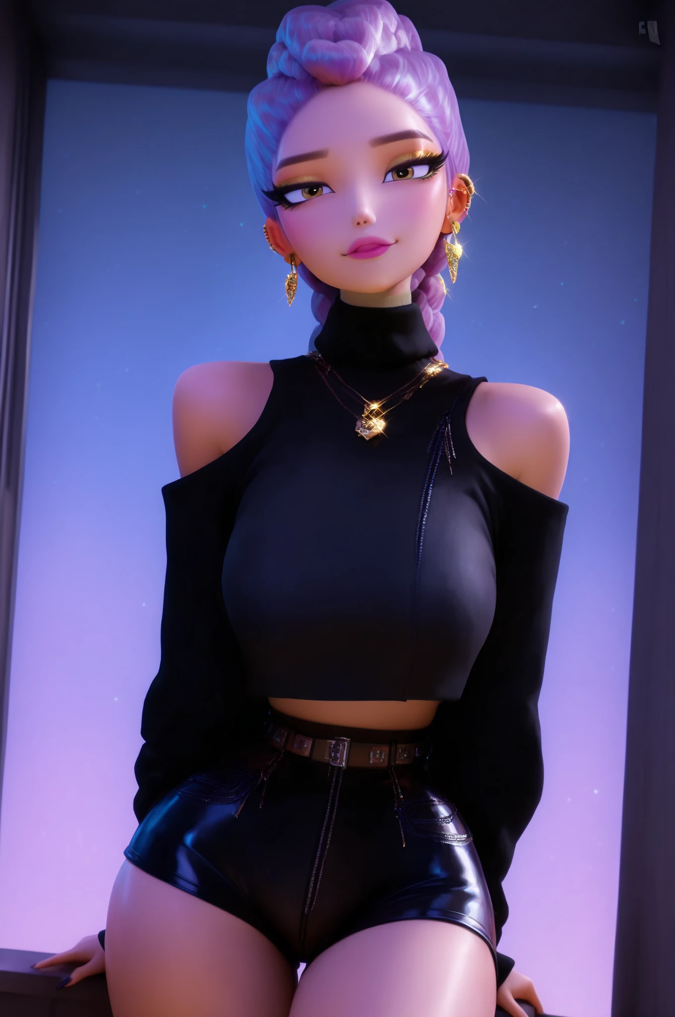 girl, alone, beautiful girl, long black rice, Rumi (k-pop, demon hunters) Rum1KP0P, long hair, vibrant purple hair, braided hair, brown eyes, big anime eyes, golden eyeshadow, tall, 3d, 1 girl, solo, dynamic pose, turtleneck sweater top, textured neon top, bare shoulders, high black tiny shorts, golden necklace, elegant earrings, cameltoe, makeup, cute, glossy pink lips, eye shine, manicure, huge breasts, dynamic neon lights, wide sexy hips, perfect face, ((Rum1KP0P)), looking at viewer, cozy warm, detailed background, abstract paintings, cute , night, (8 k, ultra-high quality, detailed, high quality, editor, ((correct anatomy)), 8 k)