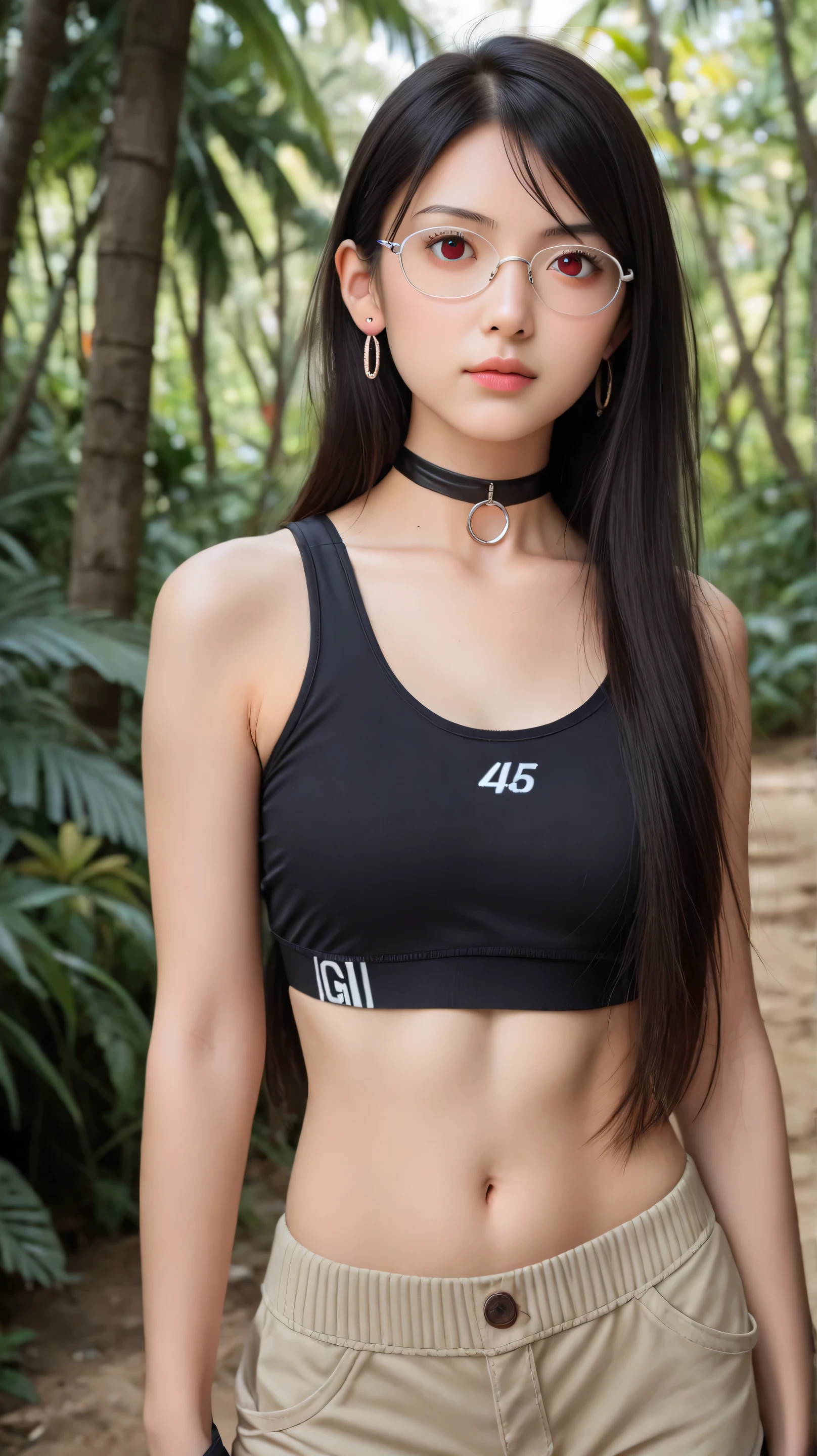 Masterpiece, best quality, 8k, ultra high resolution, photorealistic, cinematic composition,1girl, solo,sarada uchiha,red eyes,red eyes, black hair,(long hair:1.5),outdoors,potrait,small breast,nature, wear glasses,close up,earings,bare shoulders, looking at viewer,Masterpiece, best quality, 8k, ultra high resolution, photorealistic, cinematic composition,(chokers:1.5),(beach:1.5),(black sports bra:1.5),(standing still:1.5),black glove,(jungle:1.5),hair between eyes,close up,short pants